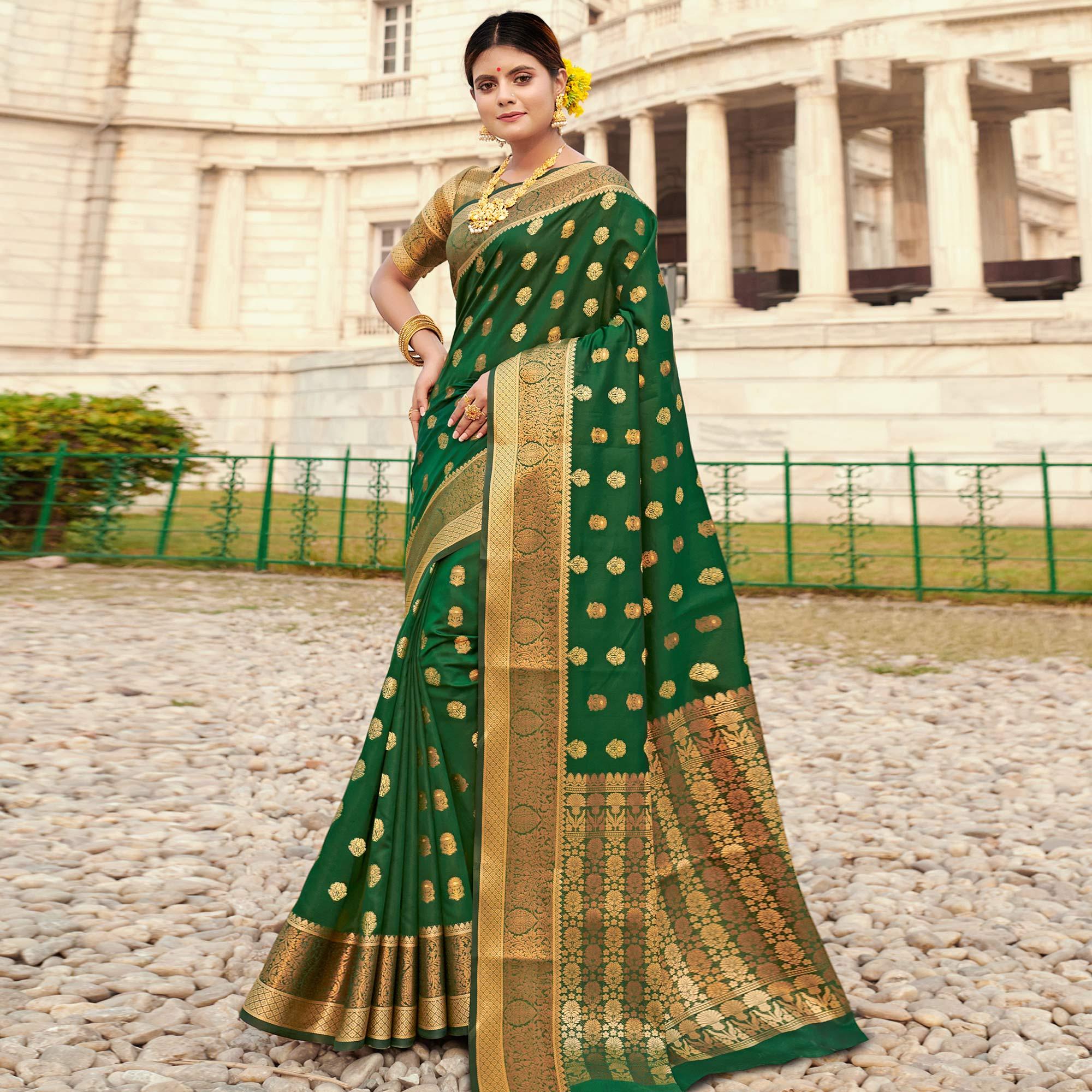 Eye-catching Green Colored Festive Wear Woven Silk Saree - Peachmode