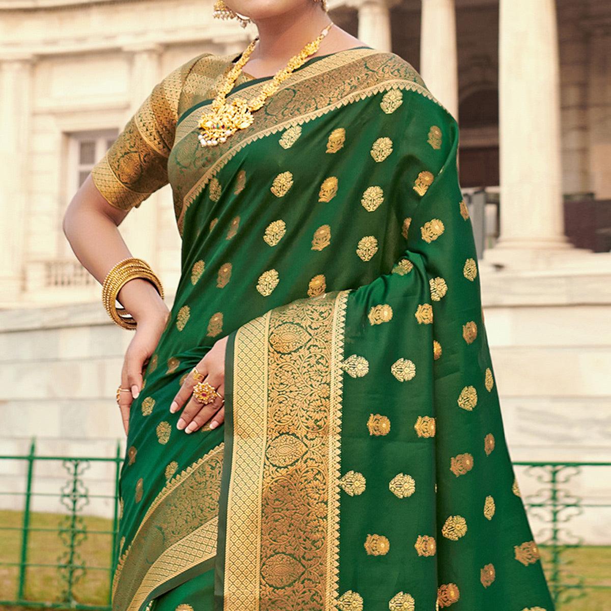 Eye-catching Green Colored Festive Wear Woven Silk Saree - Peachmode