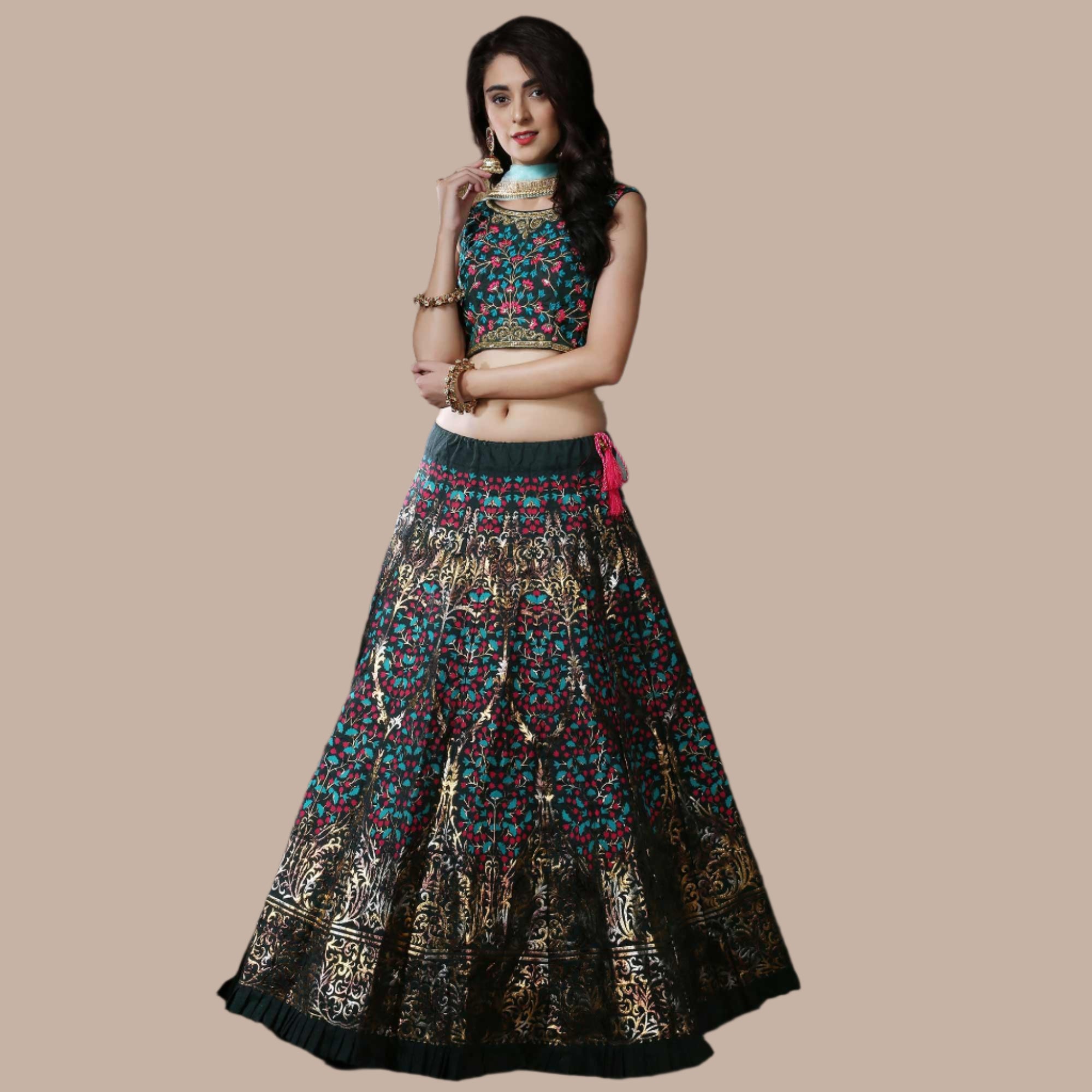 Eye-catching Green Colored Party Wear Foil Printed Thai Silk Lehenga Choli - Peachmode