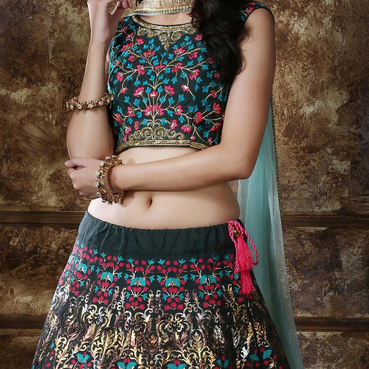 Eye-catching Green Colored Party Wear Foil Printed Thai Silk Lehenga Choli - Peachmode