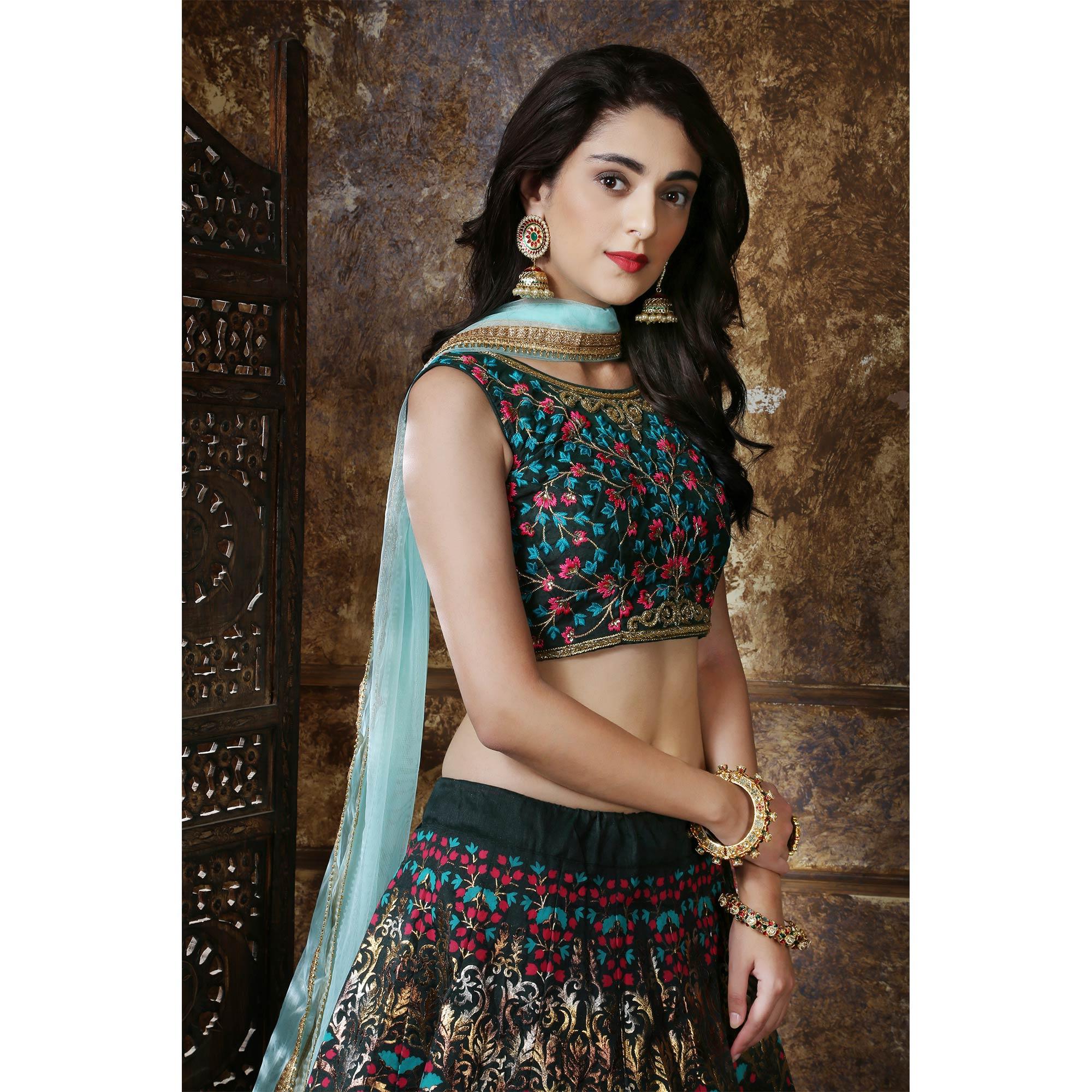 Eye-catching Green Colored Party Wear Foil Printed Thai Silk Lehenga Choli - Peachmode