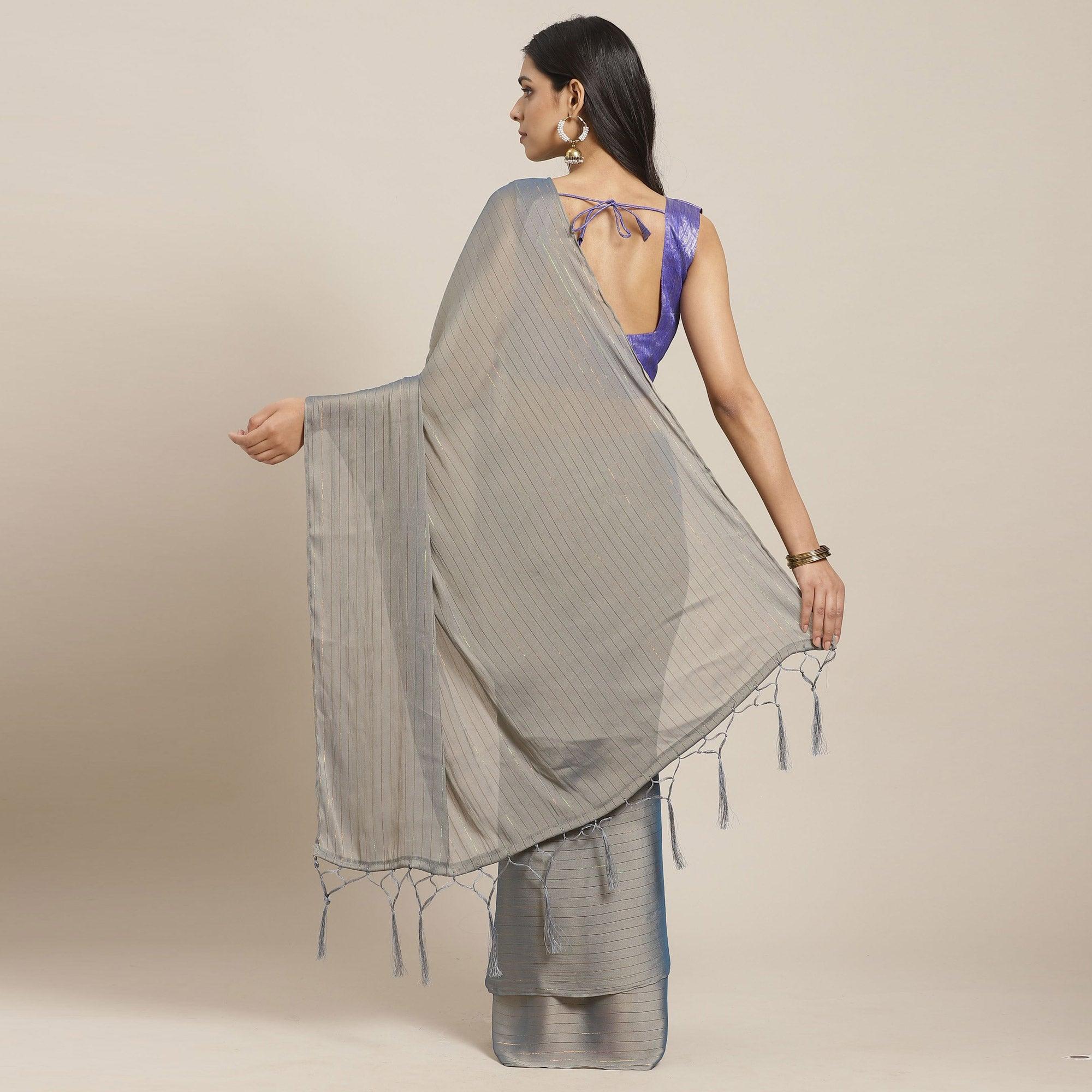 Eye-catching Grey Colored Casual Wear Printed Poly Georgette Saree - Peachmode
