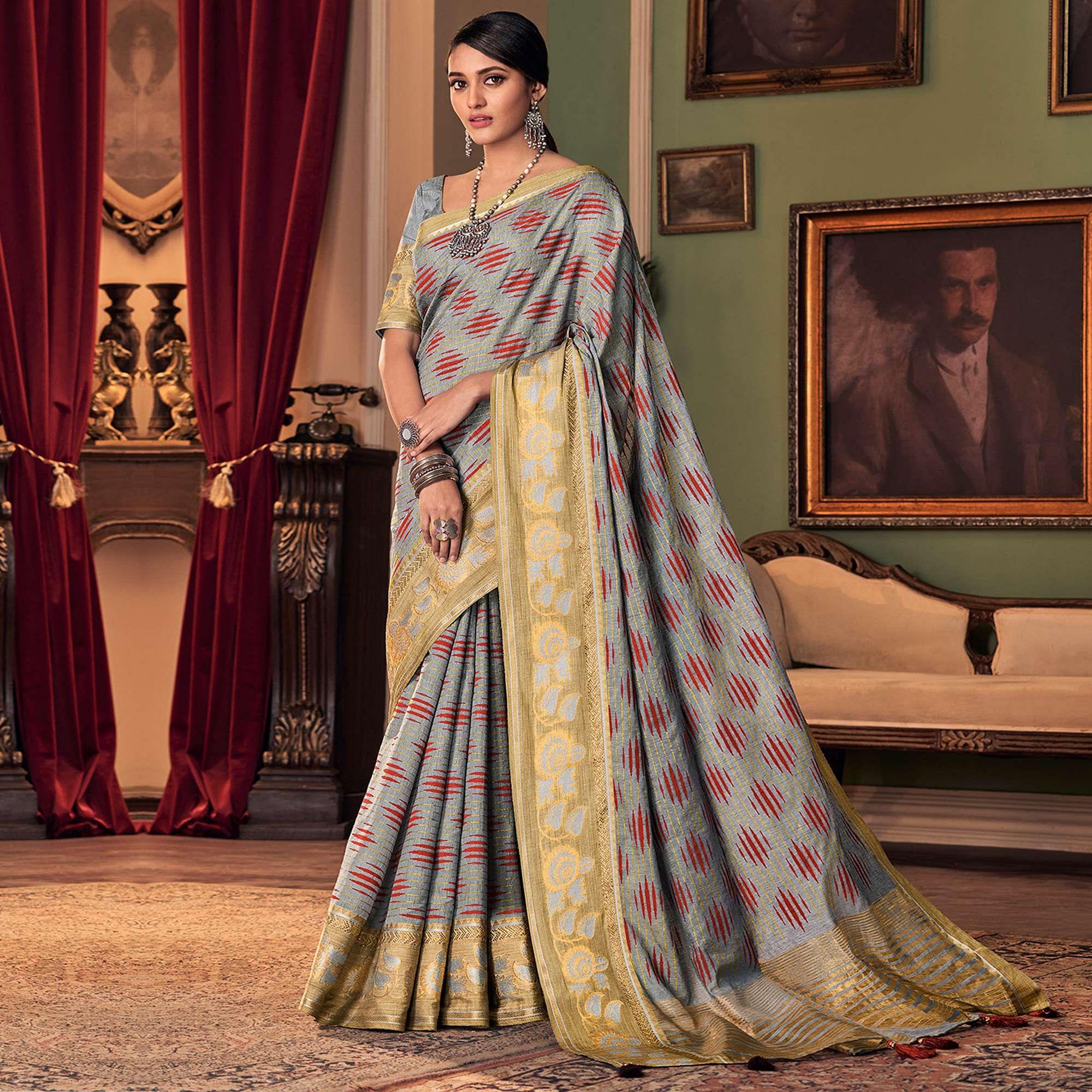 Eye-catching Grey Colored Festive Wear Printed And Woven Border Silk Saree - Peachmode