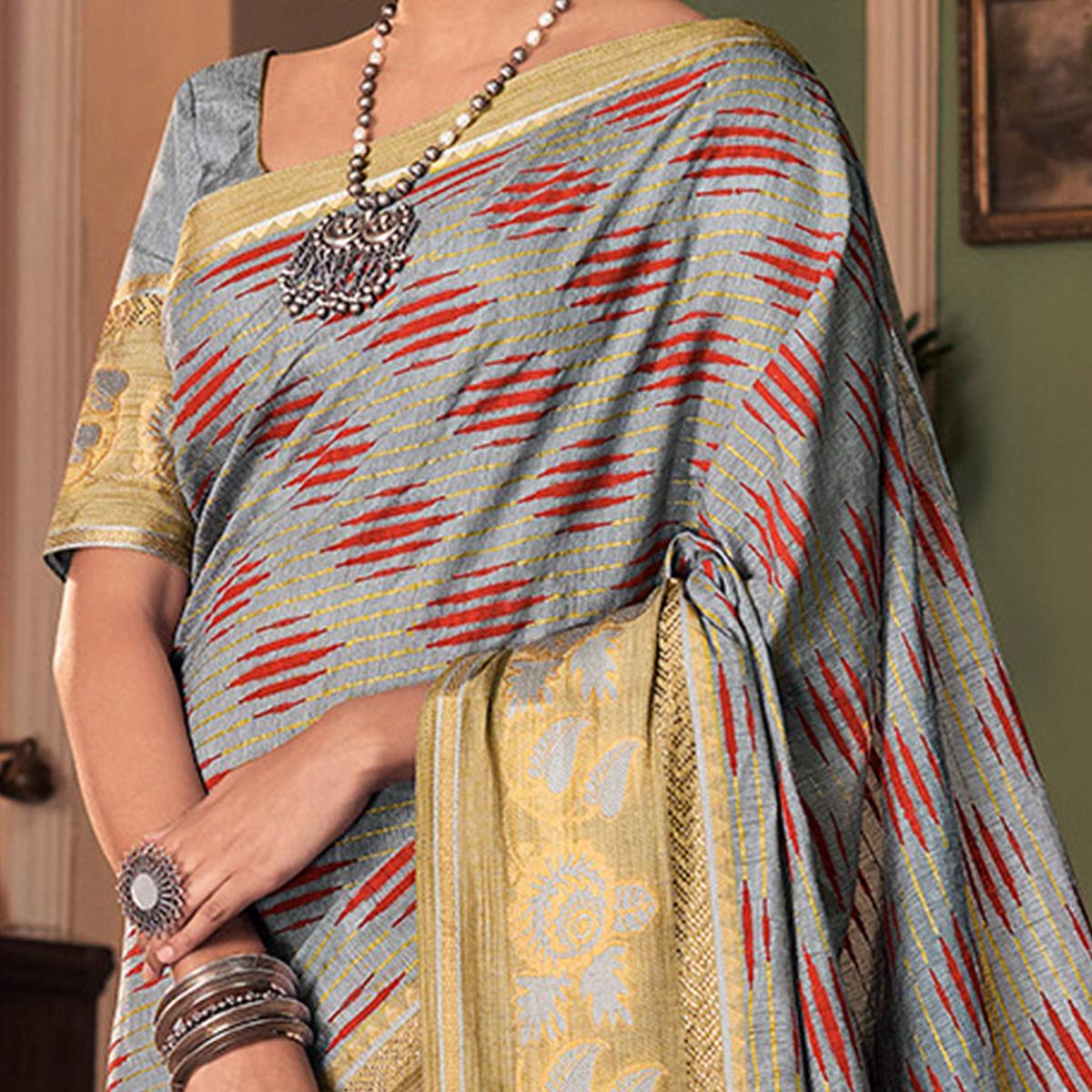 Eye-catching Grey Colored Festive Wear Printed And Woven Border Silk Saree - Peachmode