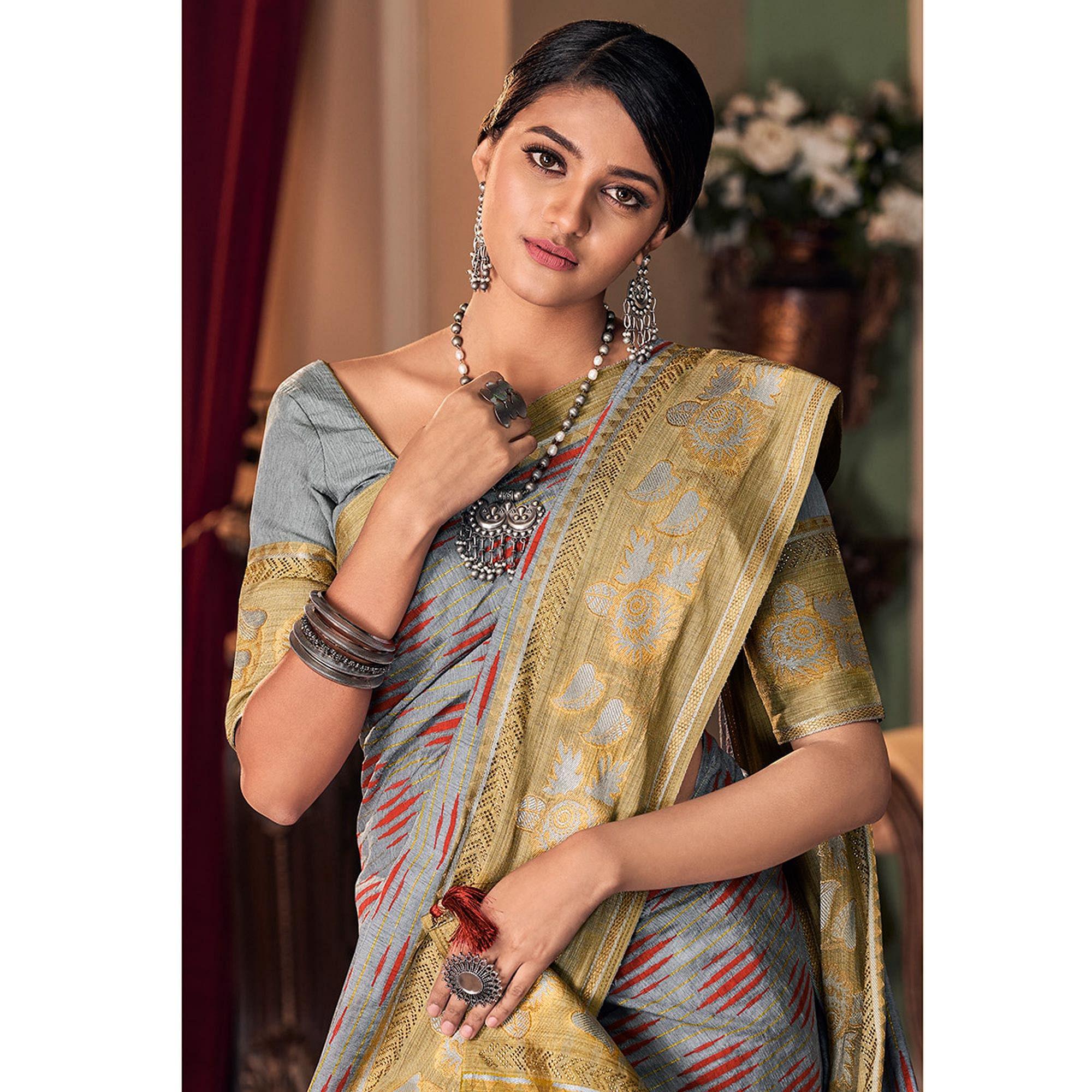 Eye-catching Grey Colored Festive Wear Printed And Woven Border Silk Saree - Peachmode