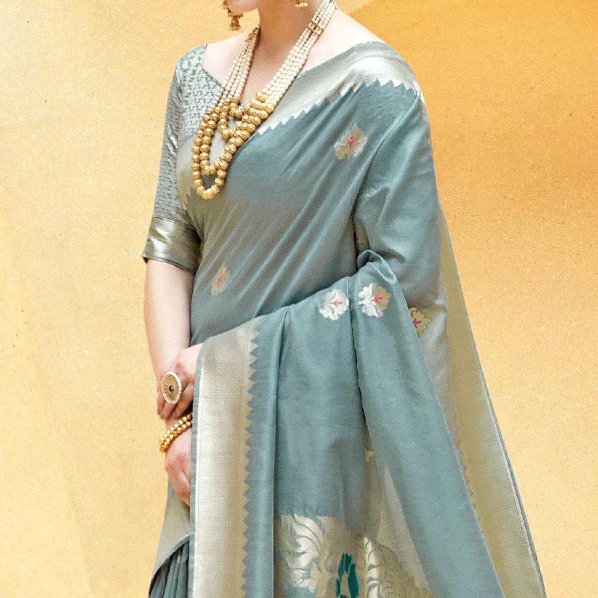 Eye-catching Grey Colored Festive Wear Printed Silk Saree - Peachmode