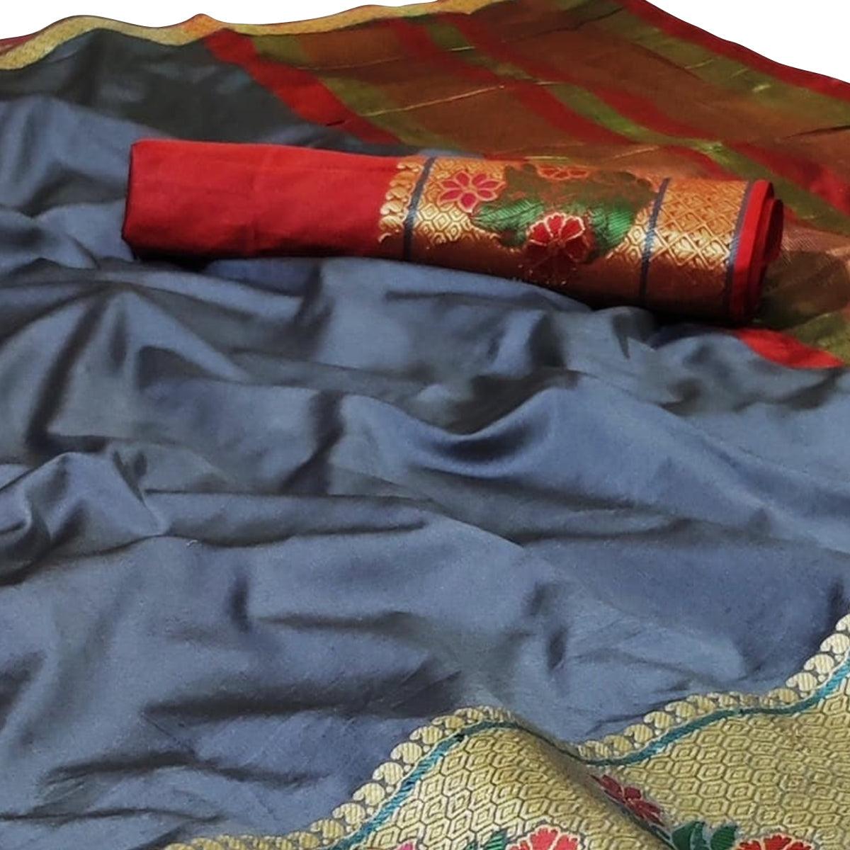 Eye-catching Grey Colored Festive Wear Woven Silk Saree - Peachmode