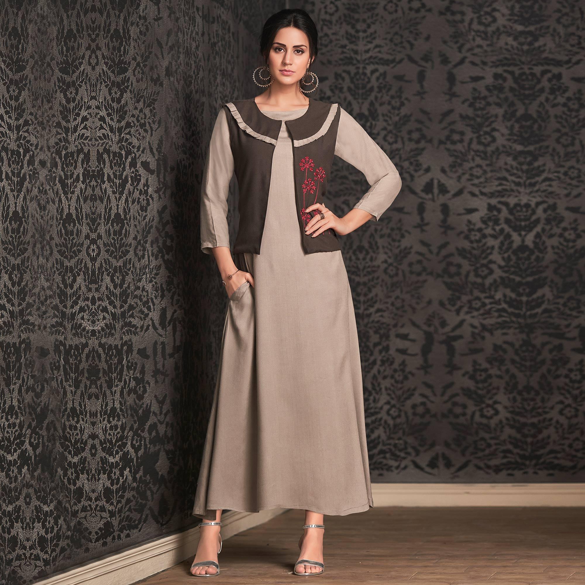 Eye-catching Light Gray Colored Partywear Embroidered Rayon Long Kurti With Koti - Peachmode