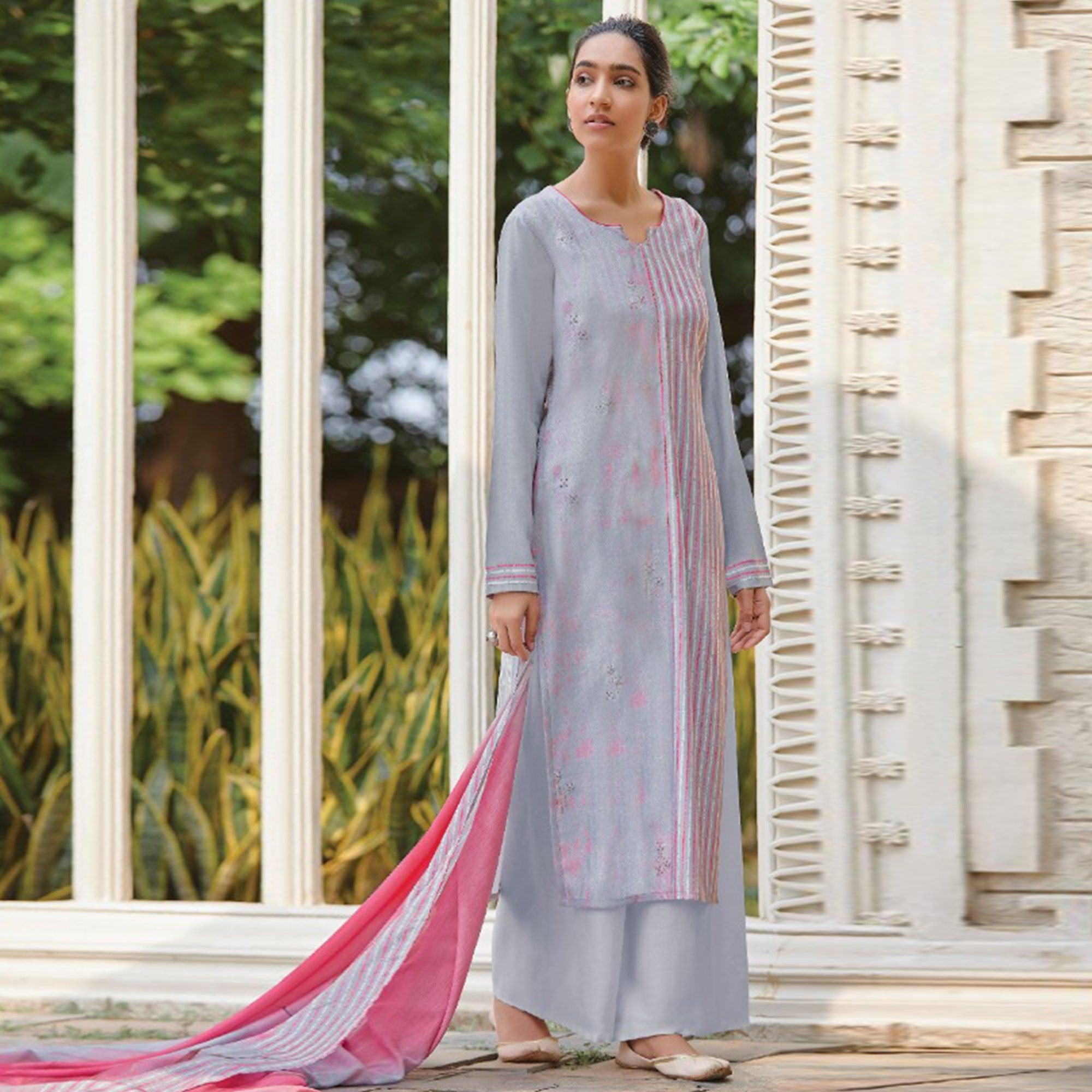 Eye-catching Light Grey Colored Casual Wear Digital Printed Cotton Satin Palazzo Suit - Peachmode