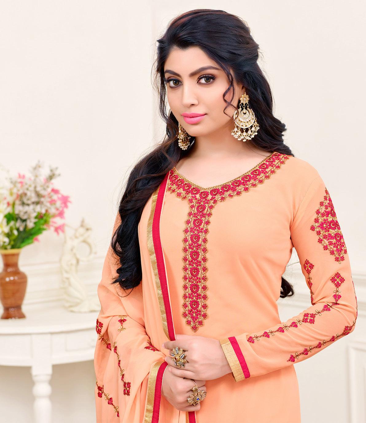Eye-Catching Light Orange Colored Partywear Embroidered Georgette Suit - Peachmode