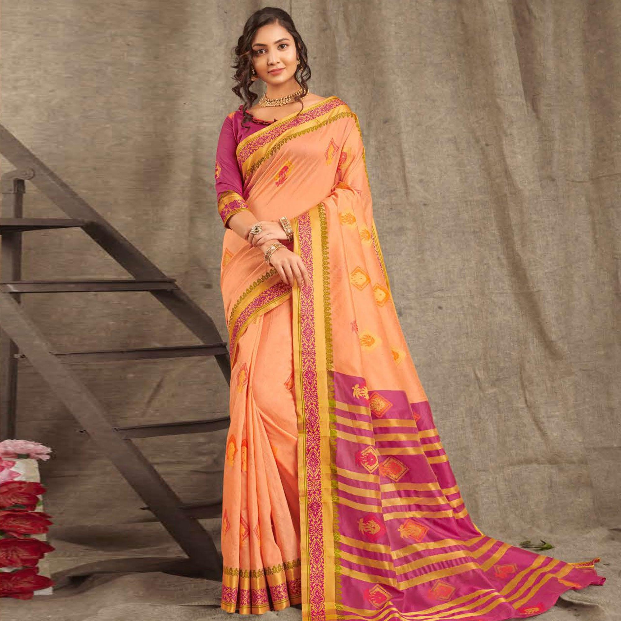 Eye-catching Light Peach Colored Festive Wear Woven Cotton Handloom Saree - Peachmode