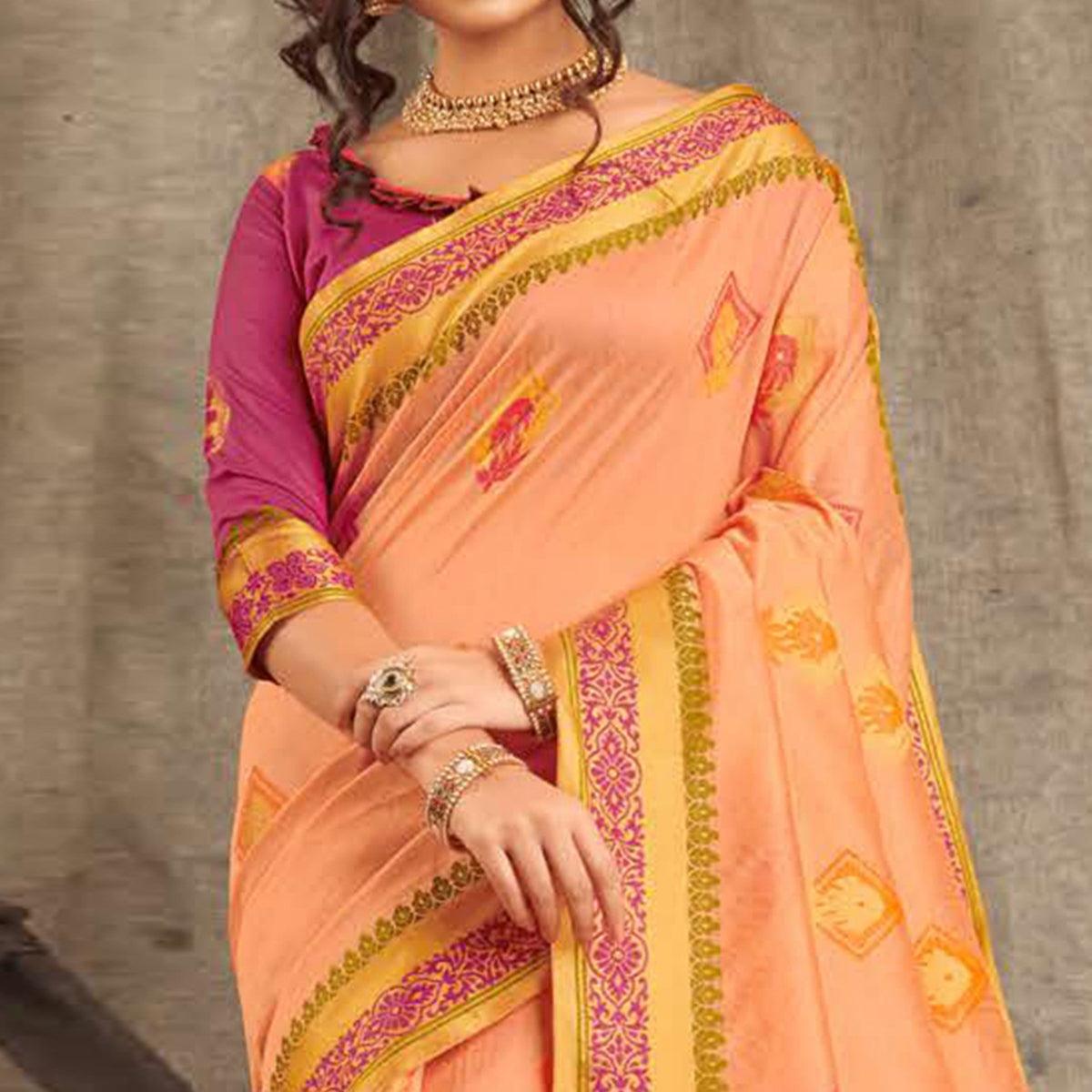 Eye-catching Light Peach Colored Festive Wear Woven Cotton Handloom Saree - Peachmode