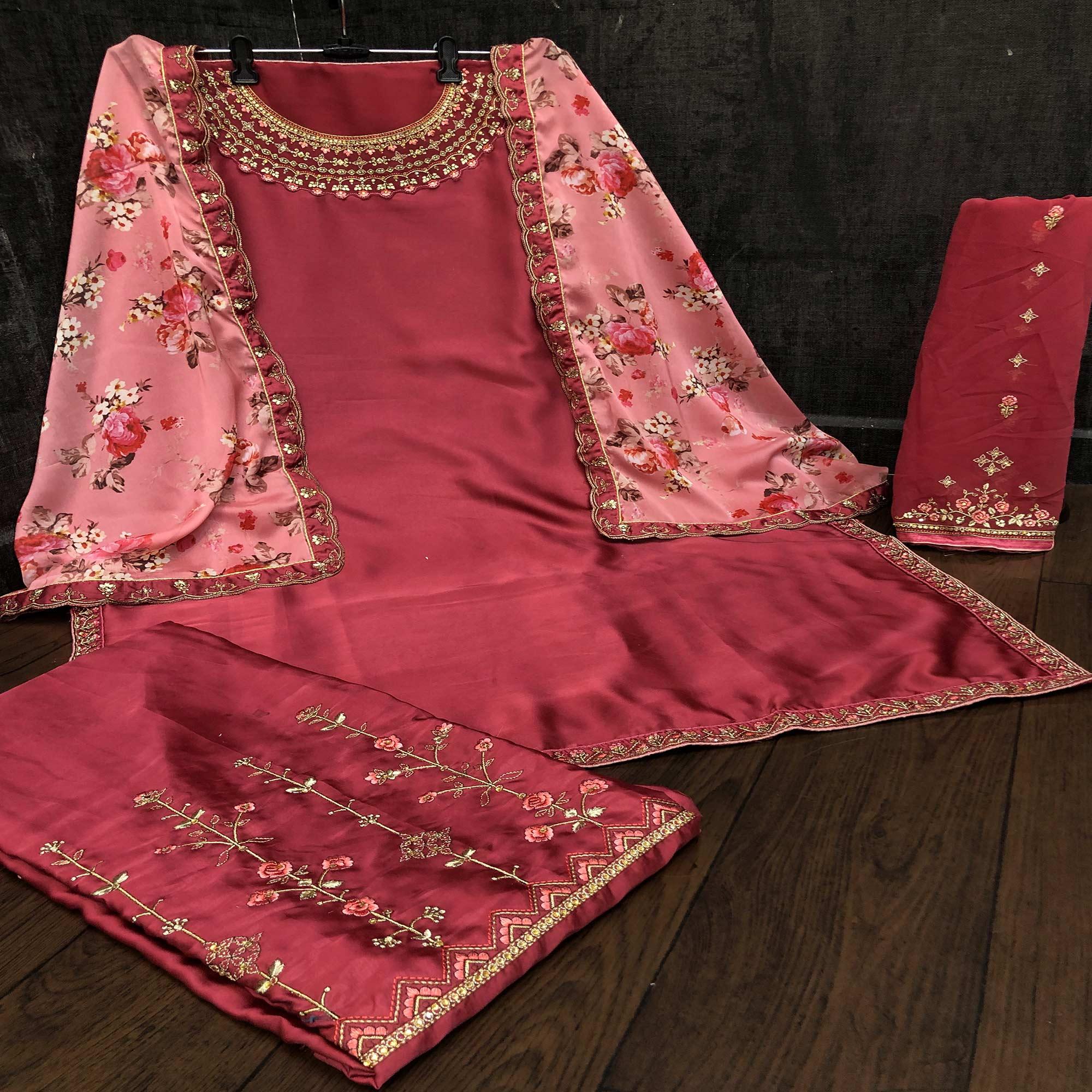 Eye-catching Maroon Colored Partywear Embroidered Muslin Satin Gharara Suit With Palazzo - Peachmode