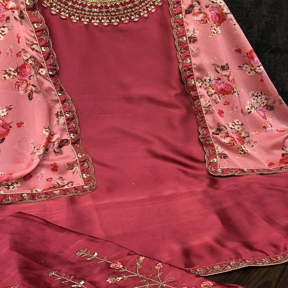 Eye-catching Maroon Colored Partywear Embroidered Muslin Satin Gharara Suit With Palazzo - Peachmode