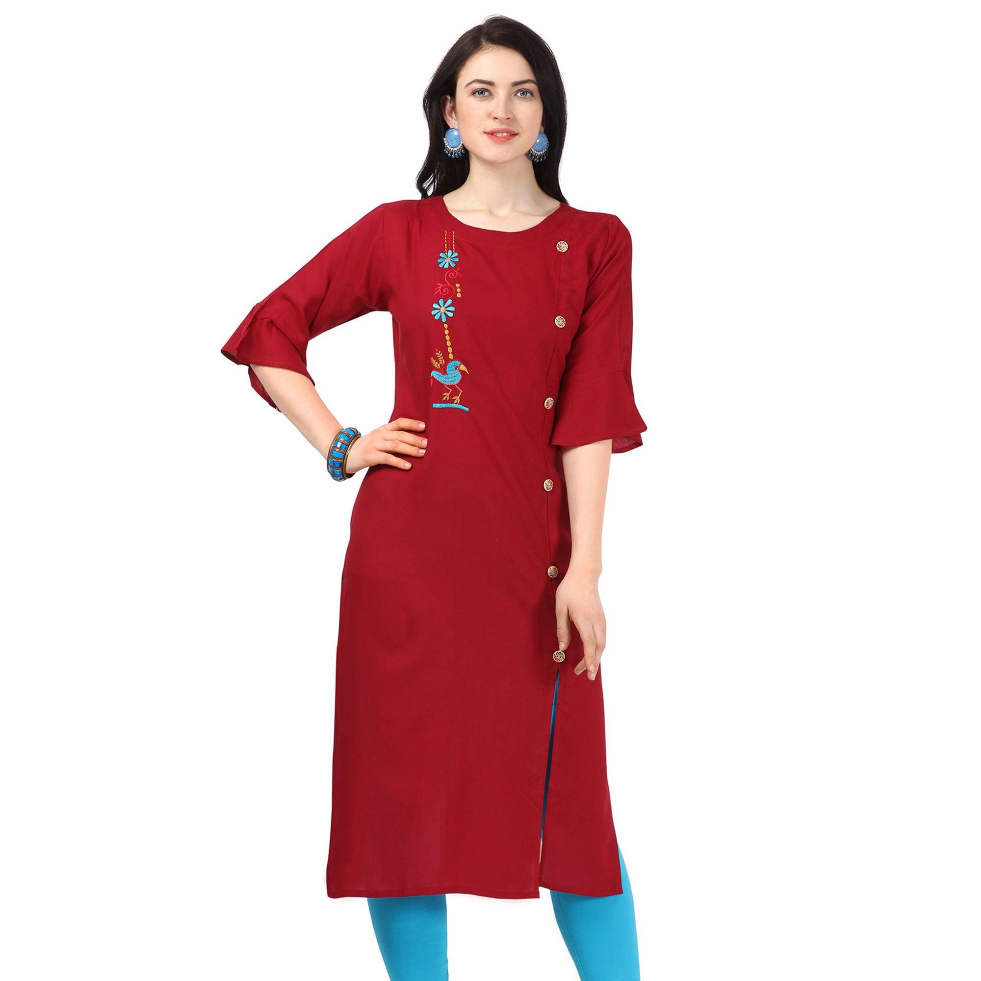 Eye-catching Maroon Colored Partywear Embroidered Rayon Kurti - Peachmode