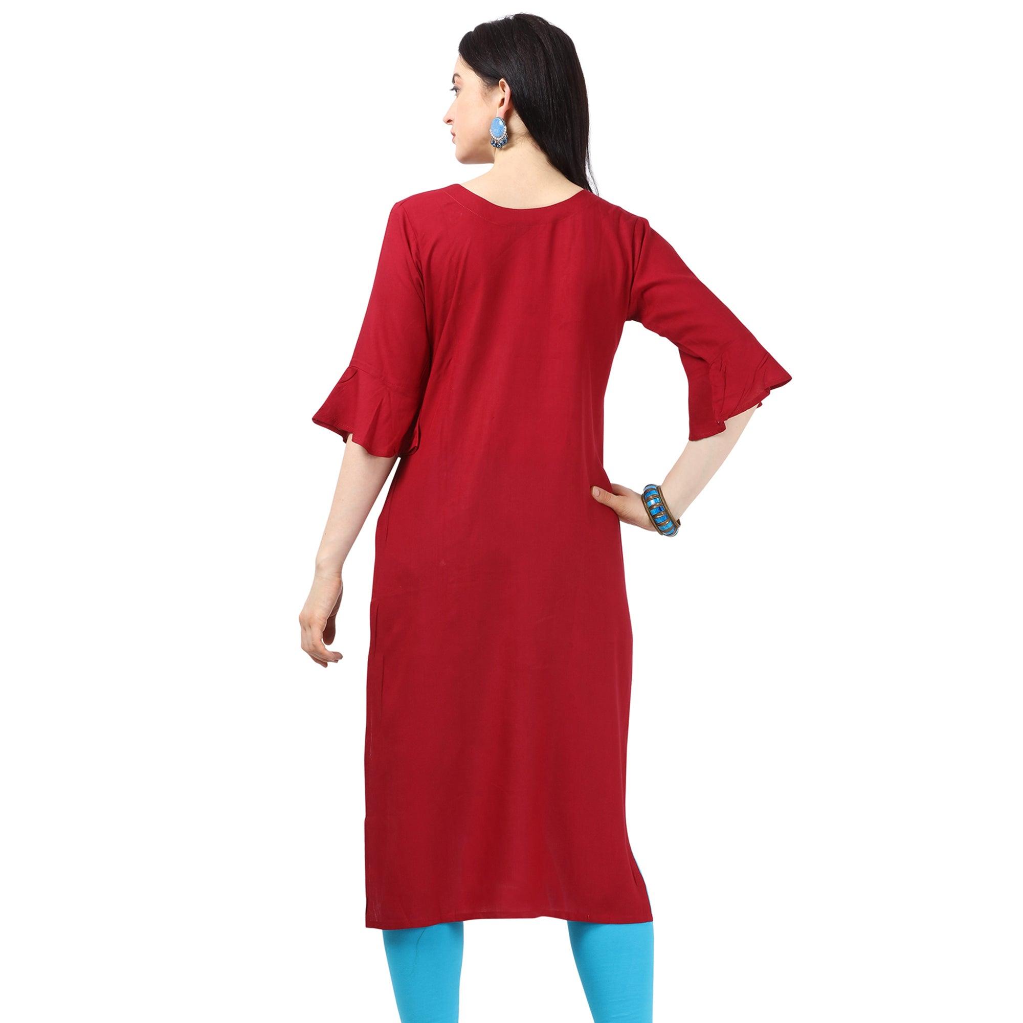 Eye-catching Maroon Colored Partywear Embroidered Rayon Kurti - Peachmode