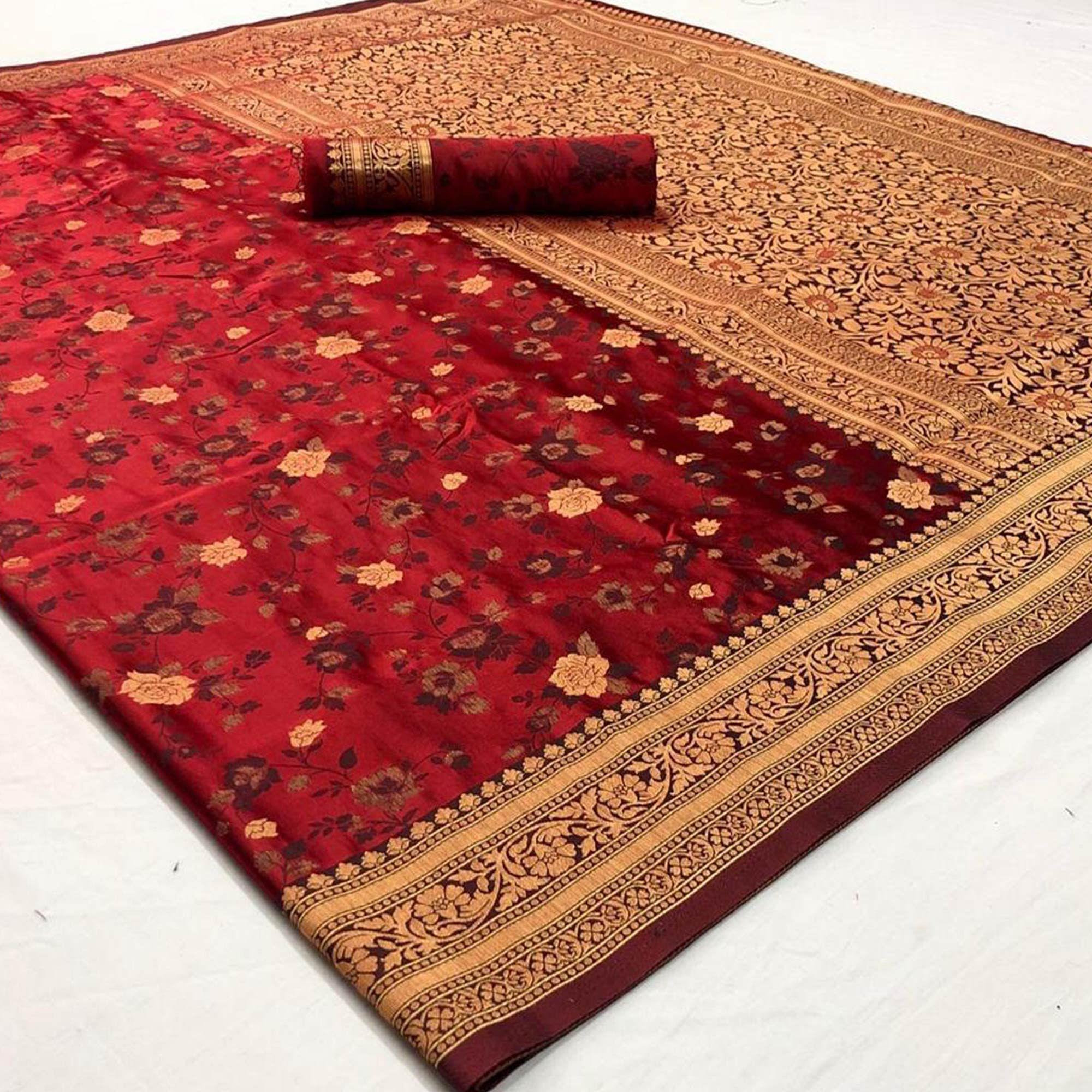 Eye-catching Maroon Coloured Partywear Printed Silk Saree - Peachmode