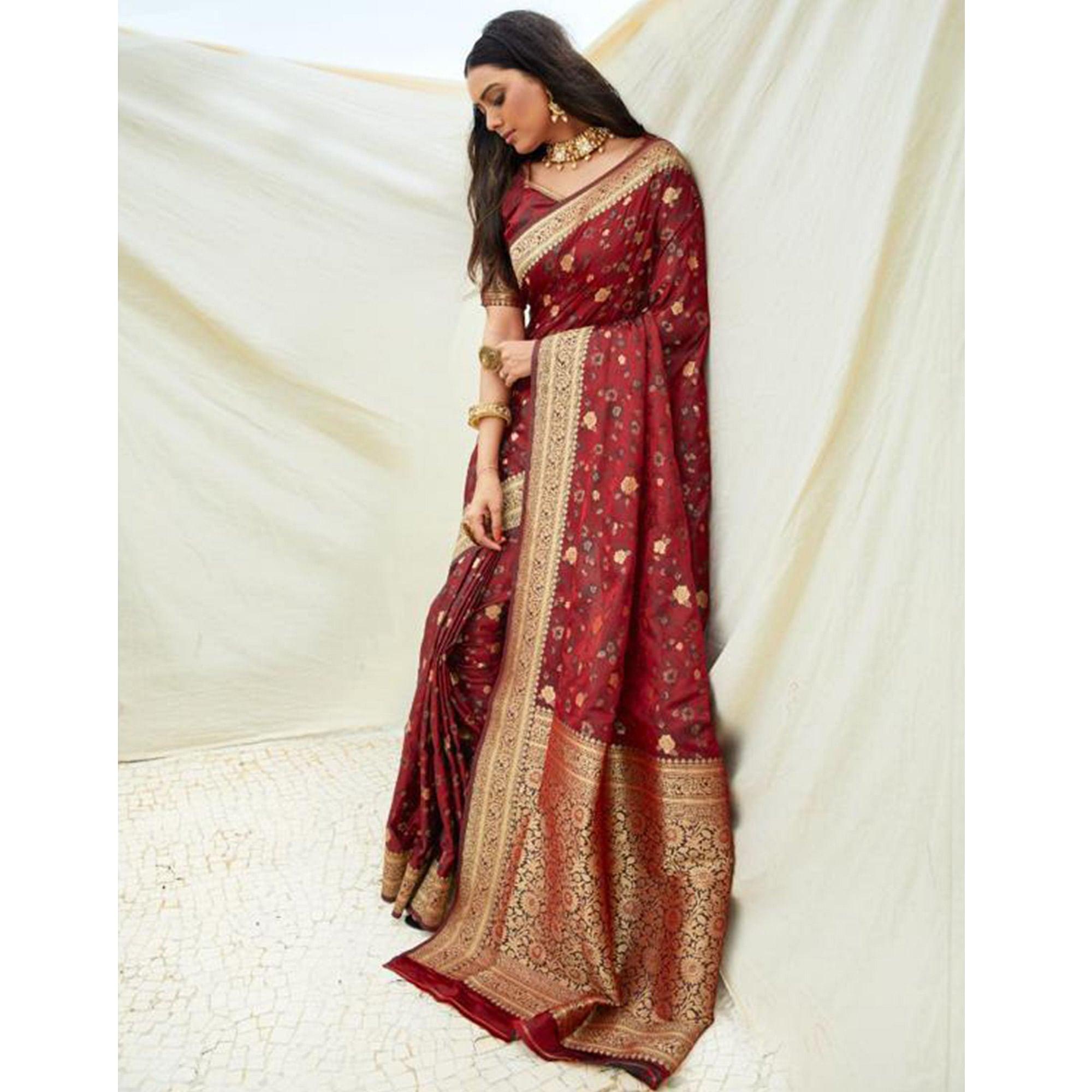 Eye-catching Maroon Coloured Partywear Printed Silk Saree - Peachmode