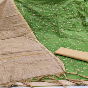 Eye-catching Mehendi Green Colored Casual Wear Embroidered Chanderi Dress Material - Peachmode