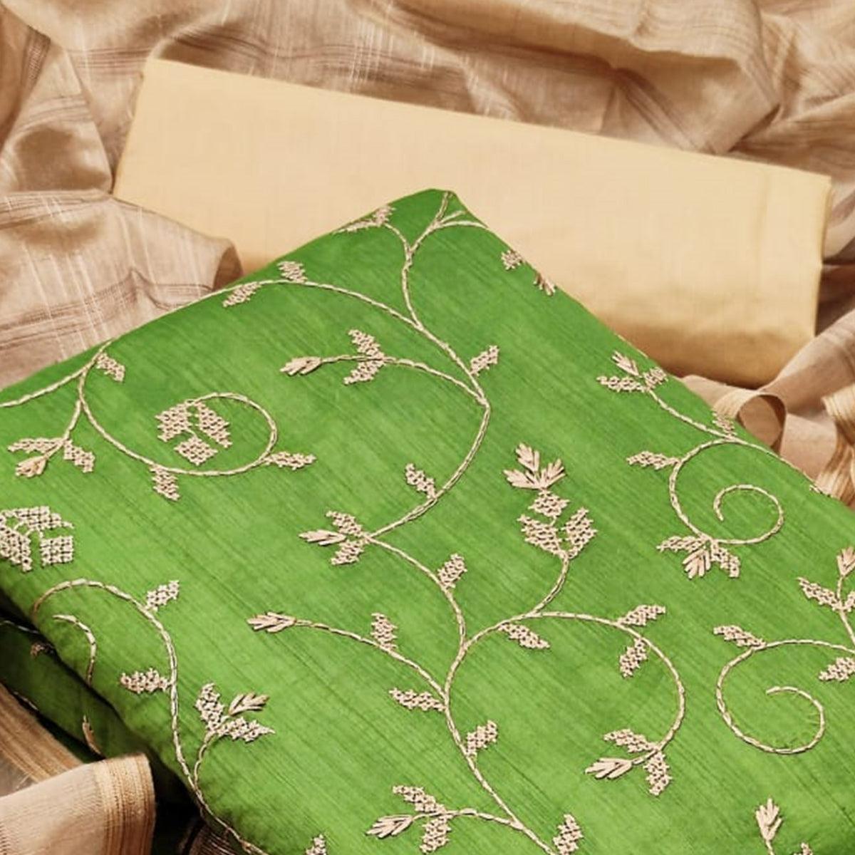 Eye-catching Mehendi Green Colored Casual Wear Embroidered Chanderi Dress Material - Peachmode