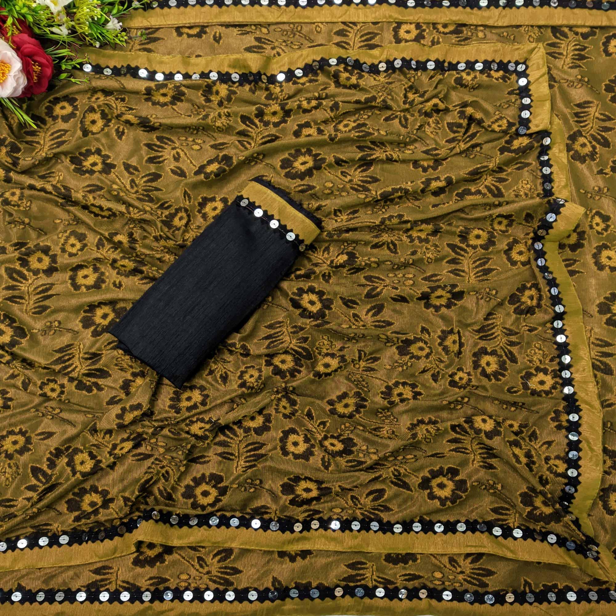 Eye-catching Mustard Colored Festive Wear Floral Woven Art Silk Saree - Peachmode
