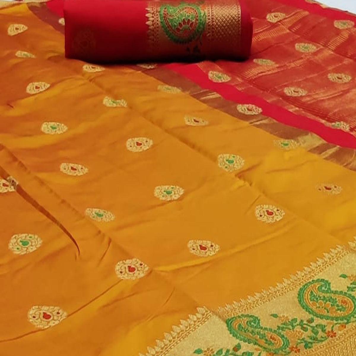 Eye-catching Mustard-Yellow Colored Festive Wear Woven Soft Silk Saree - Peachmode