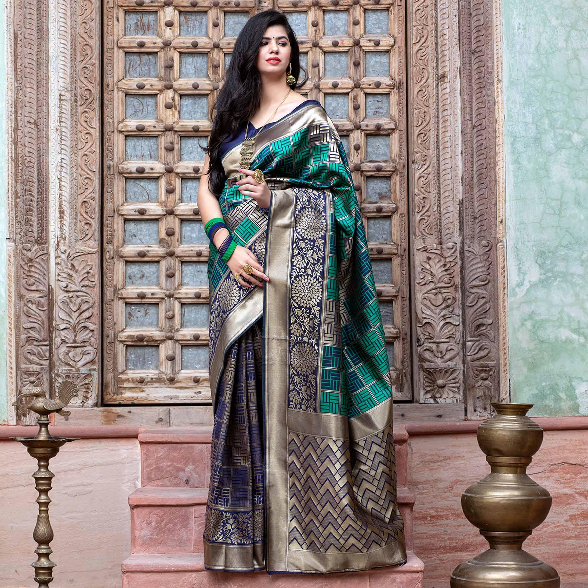 Eye-catching Navy Blue Colored Festive Wear Woven Banarasi Silk Saree - Peachmode