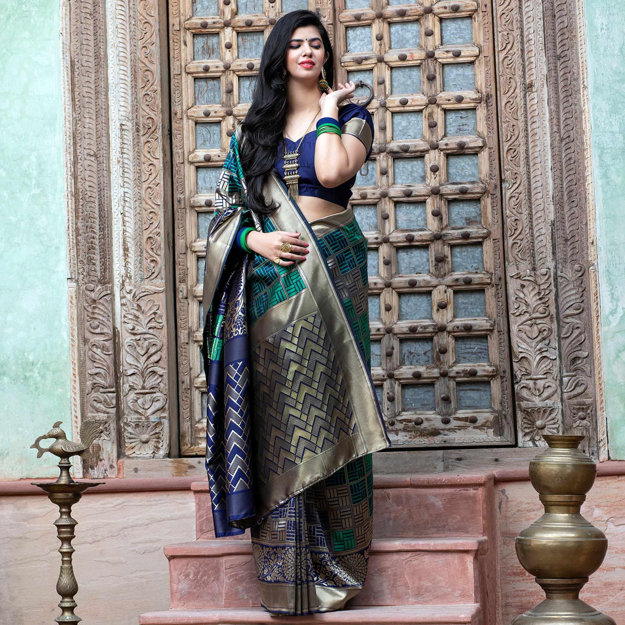 Eye-catching Navy Blue Colored Festive Wear Woven Banarasi Silk Saree - Peachmode