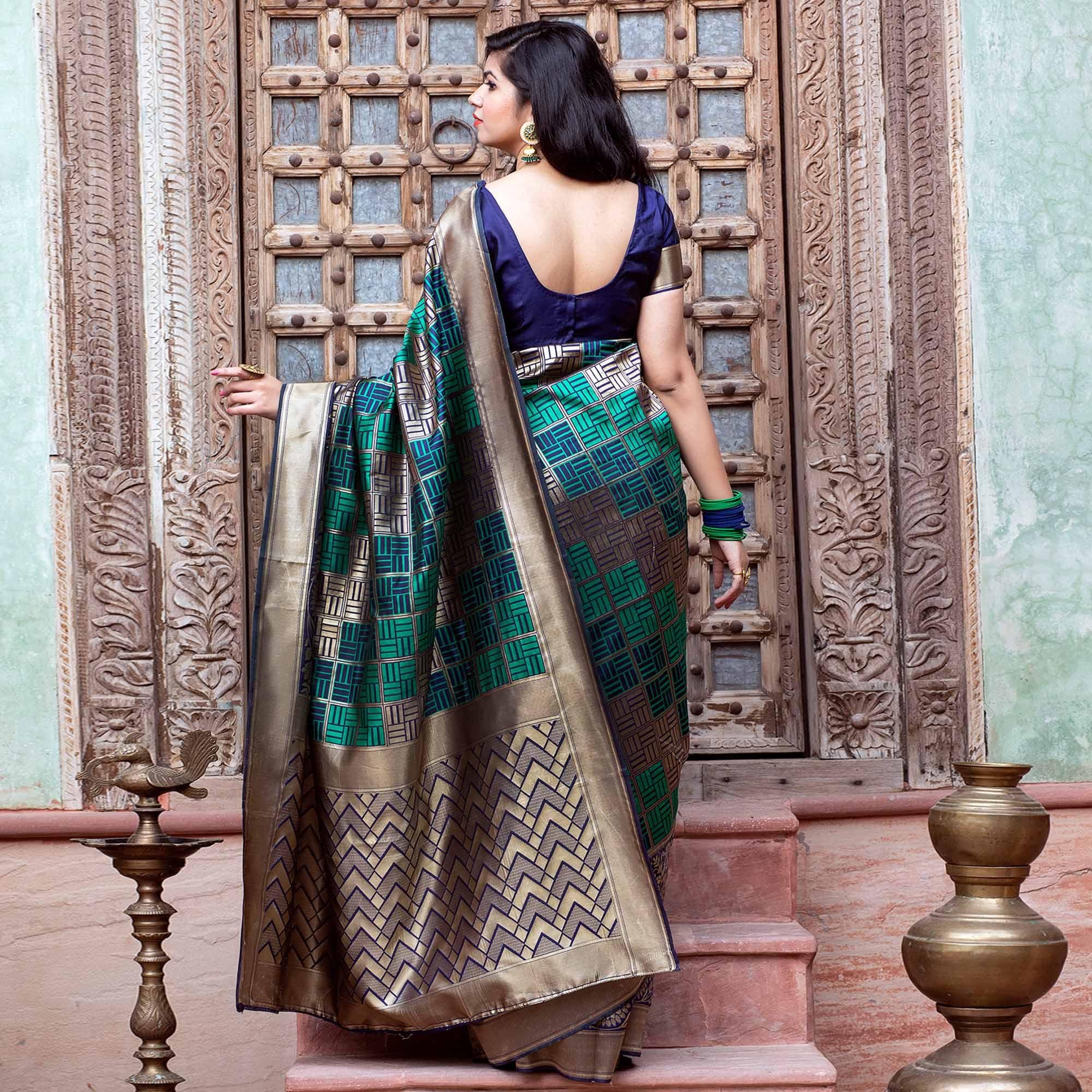 Eye-catching Navy Blue Colored Festive Wear Woven Banarasi Silk Saree - Peachmode