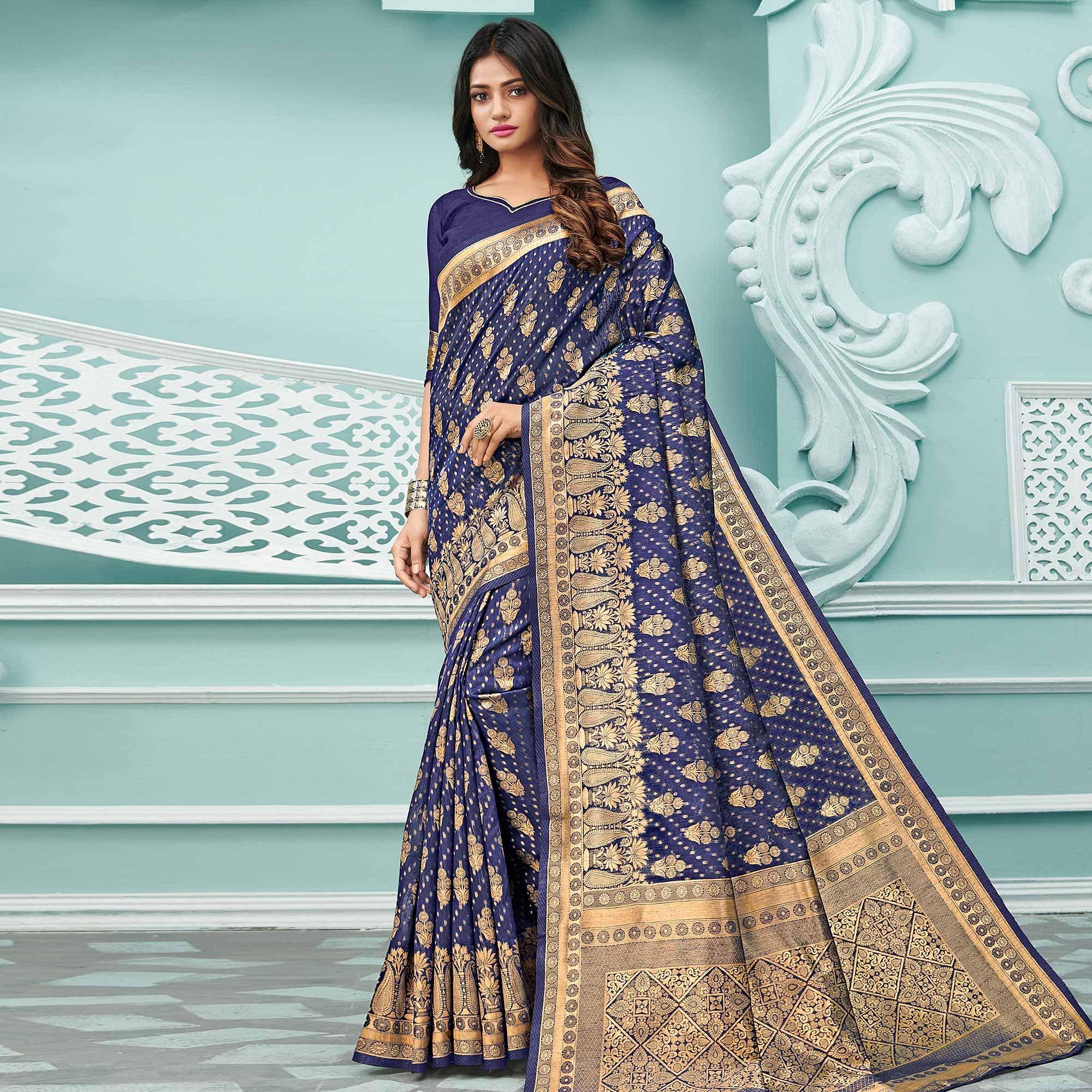 Eye-catching Navy Blue Colored Festive Wear Woven Cotton Handloom Saree - Peachmode