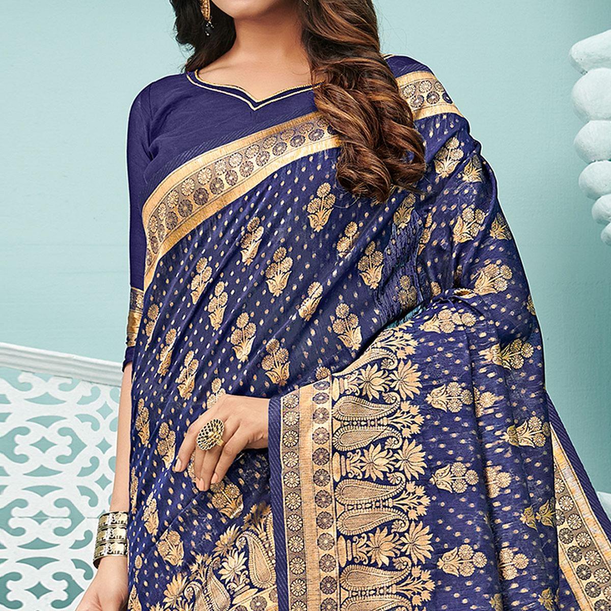 Eye-catching Navy Blue Colored Festive Wear Woven Cotton Handloom Saree - Peachmode