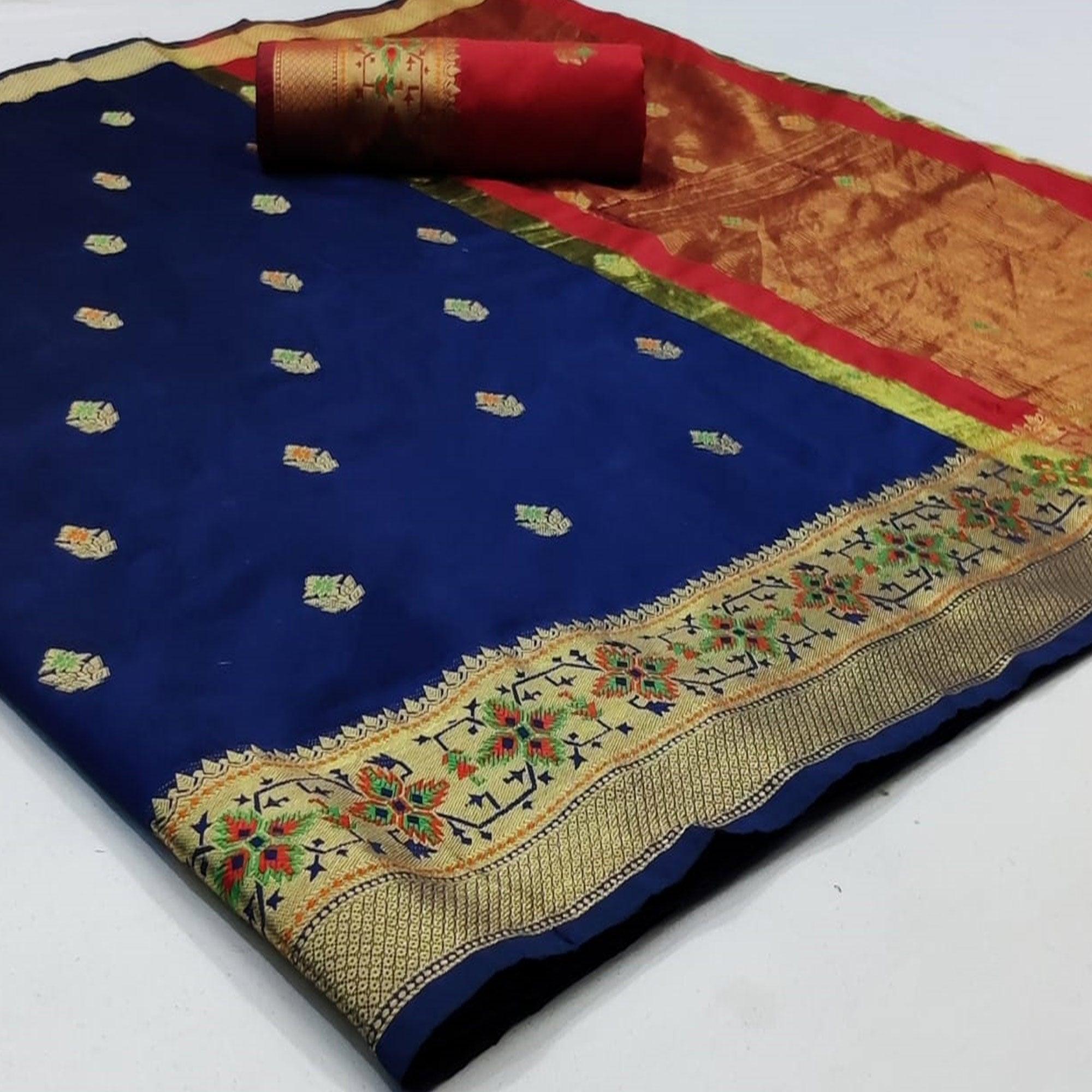 Eye-catching Navy Blue Colored Festive Wear Woven Silk Saree - Peachmode