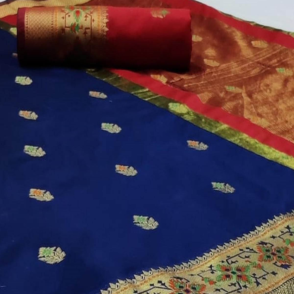 Eye-catching Navy Blue Colored Festive Wear Woven Silk Saree - Peachmode