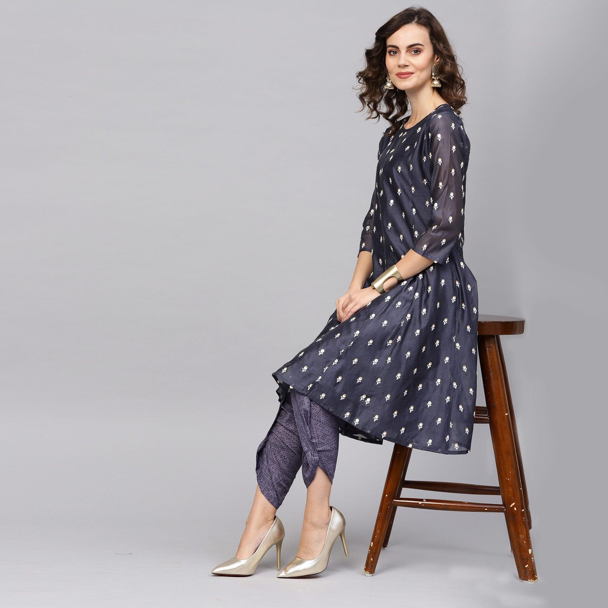 Eye-catching Navy Blue Colored Party Wear Embroidered Art Silk Kurti-Dhoti Set - Peachmode