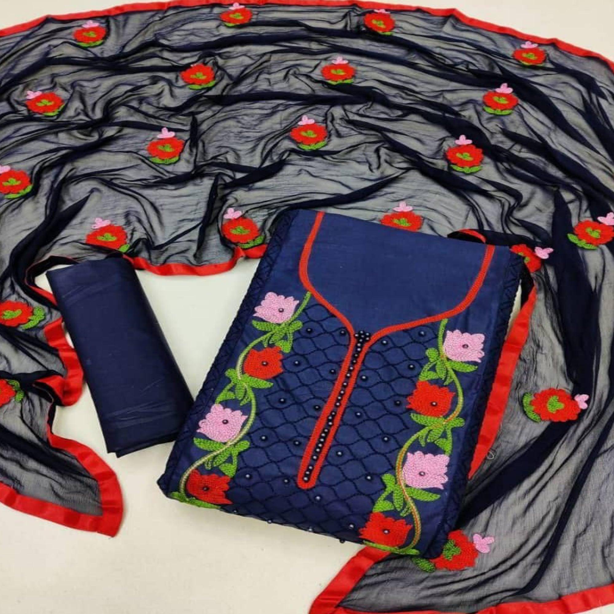 Eye-catching Navy Blue Coloured Neck Work Casual Wear Cotton Dress Material - Peachmode