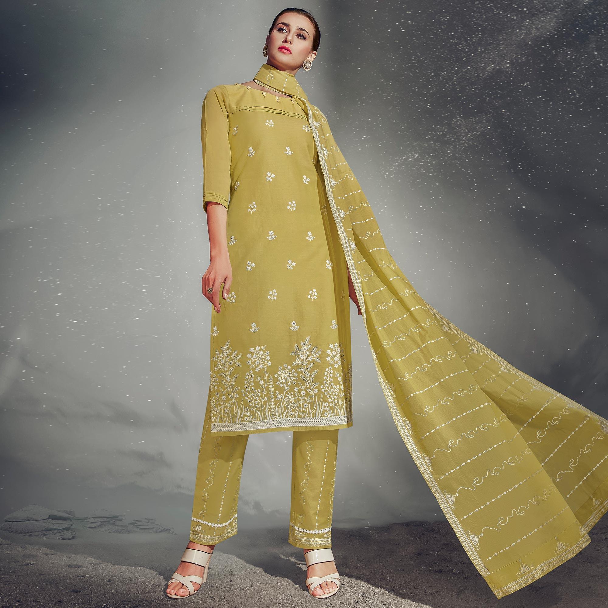 Eye-catching Olive Green Colored Partywear Embroidered Cotton Kurti-Pant Set With Dupatta - Peachmode