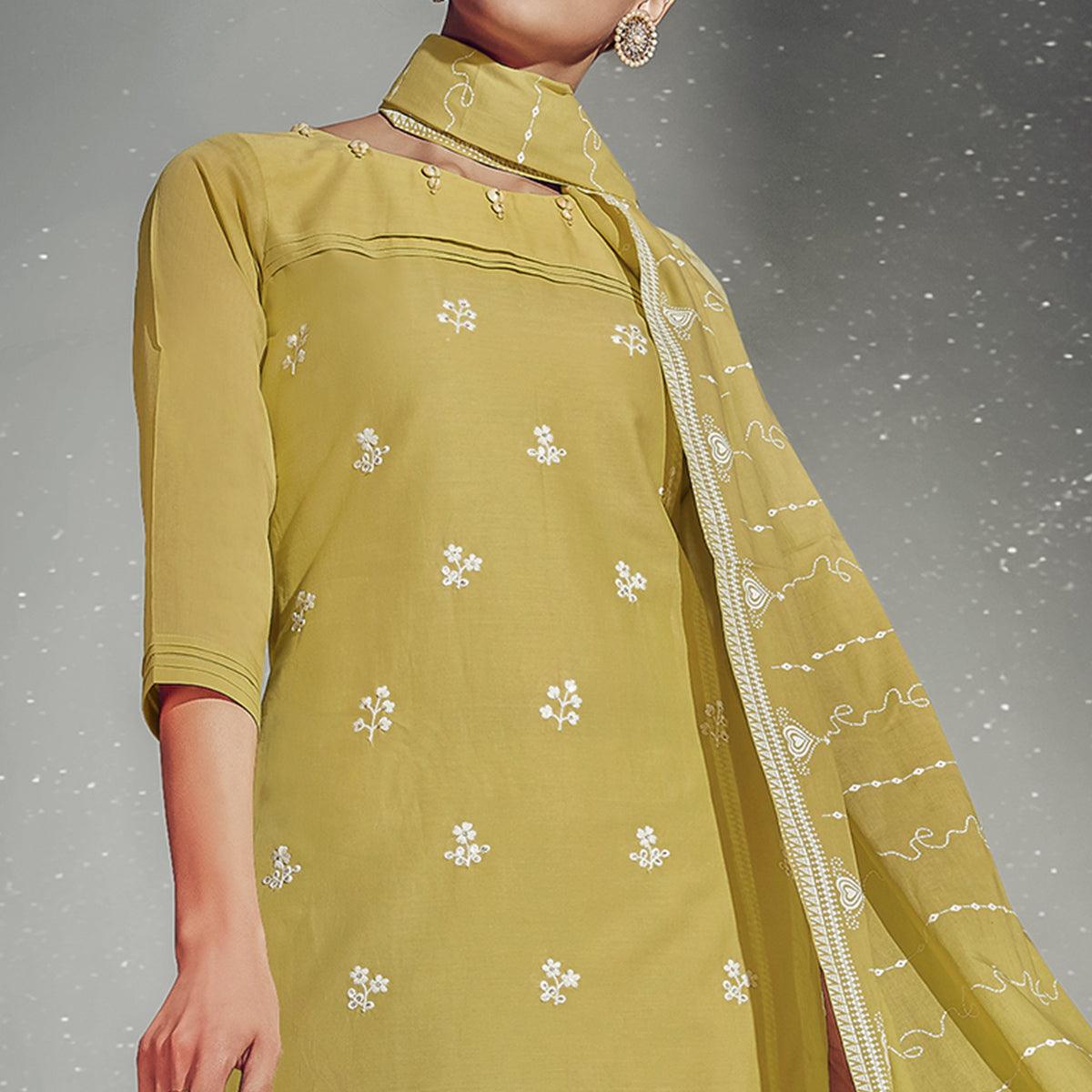 Eye-catching Olive Green Colored Partywear Embroidered Cotton Kurti-Pant Set With Dupatta - Peachmode