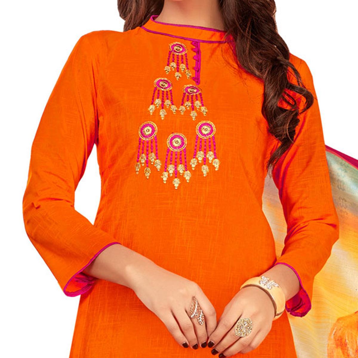 Eye-Catching Orange Colored Casual Embroidered Cotton Suit - Peachmode