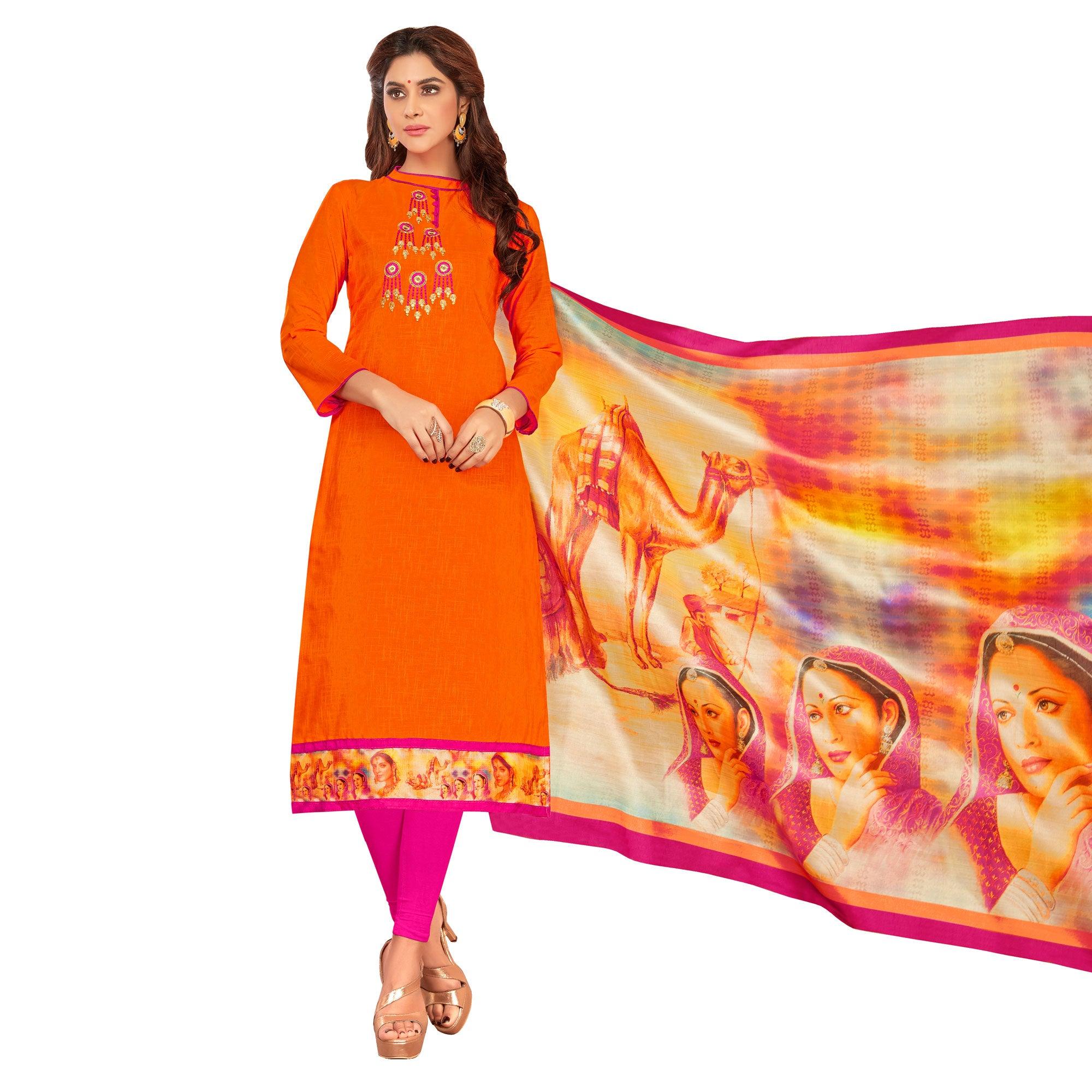 Eye-Catching Orange Colored Casual Embroidered Cotton Suit - Peachmode