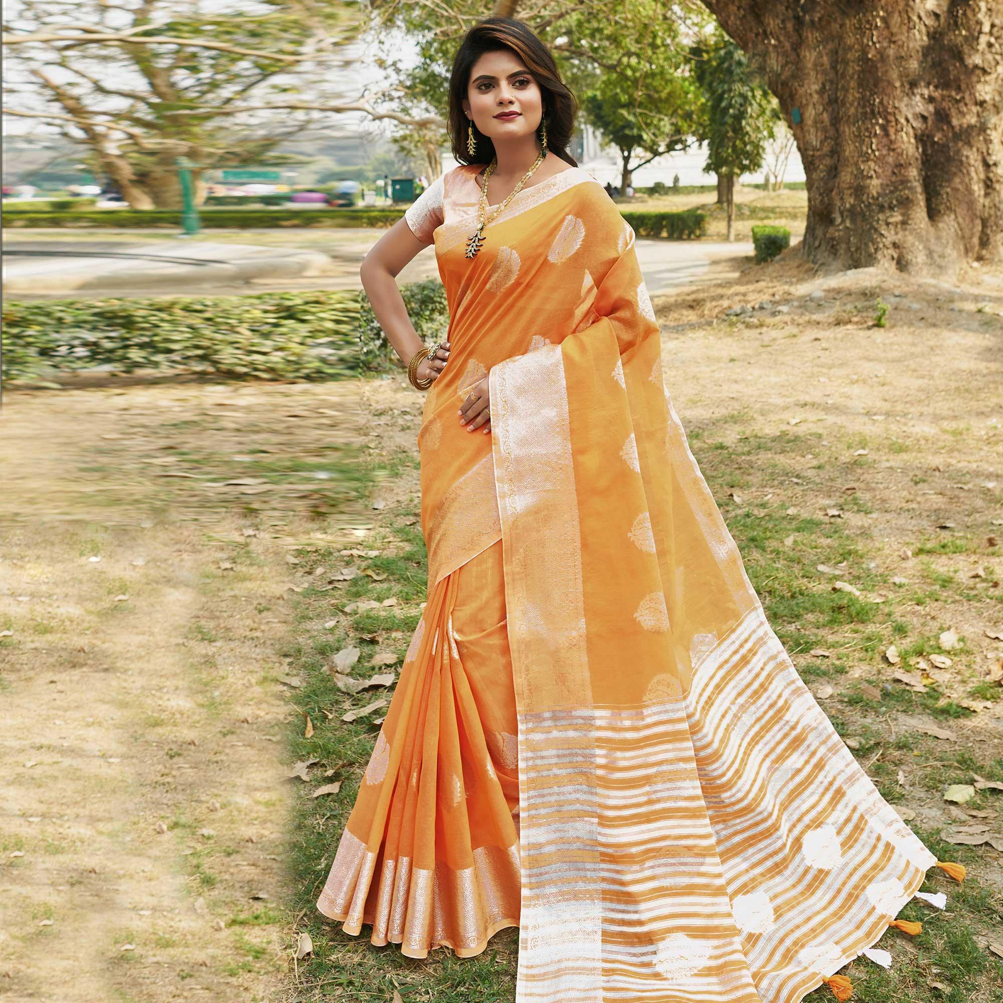 Eye-catching Orange Colored Festive Wear Woven Linen Cotton Saree - Peachmode