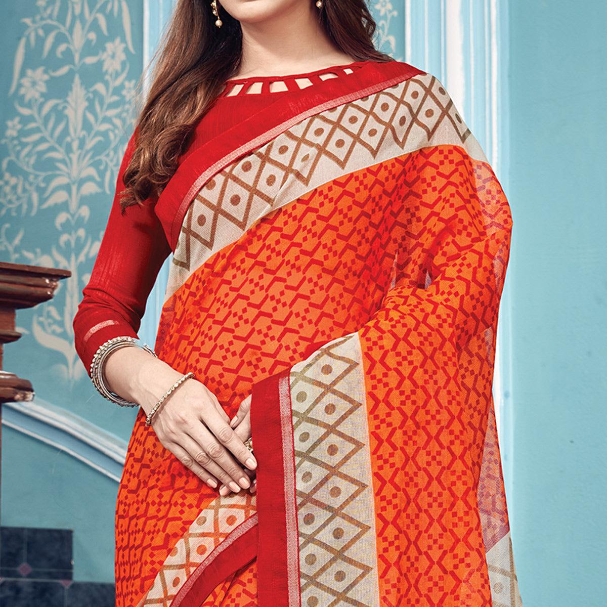 Eye-catching Orange Colored Partywear Printed Silk Saree - Peachmode