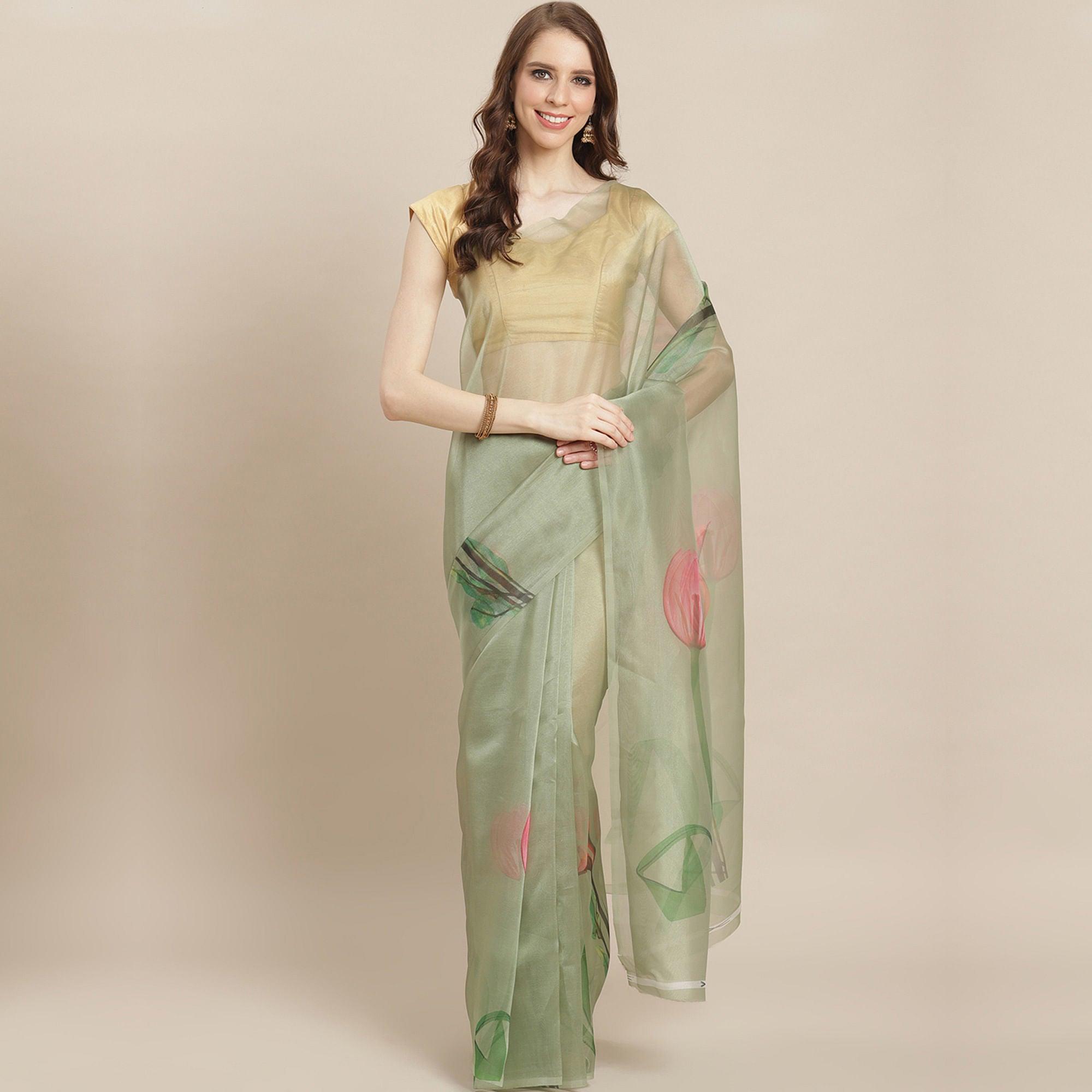 Eye-catching Pastel Green Colored Casual Wear Printed Organza Saree - Peachmode