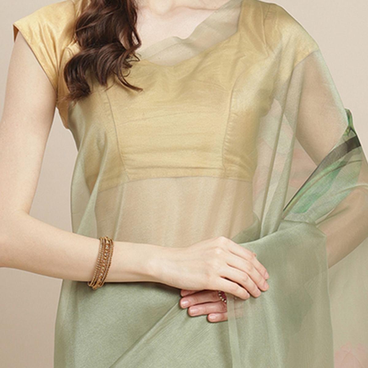 Eye-catching Pastel Green Colored Casual Wear Printed Organza Saree - Peachmode