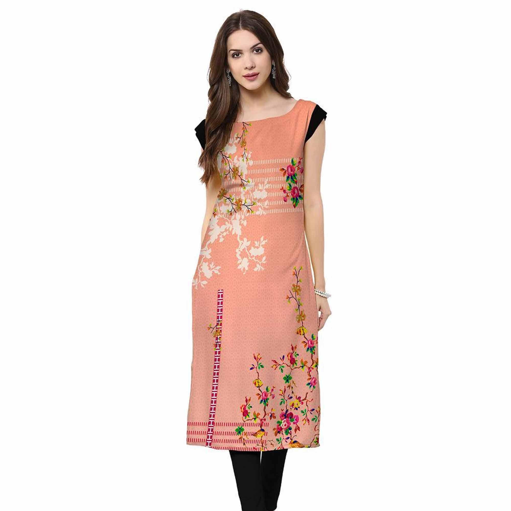 Eye-catching Peach Colored Casual Printed Crepe Kurti - Peachmode