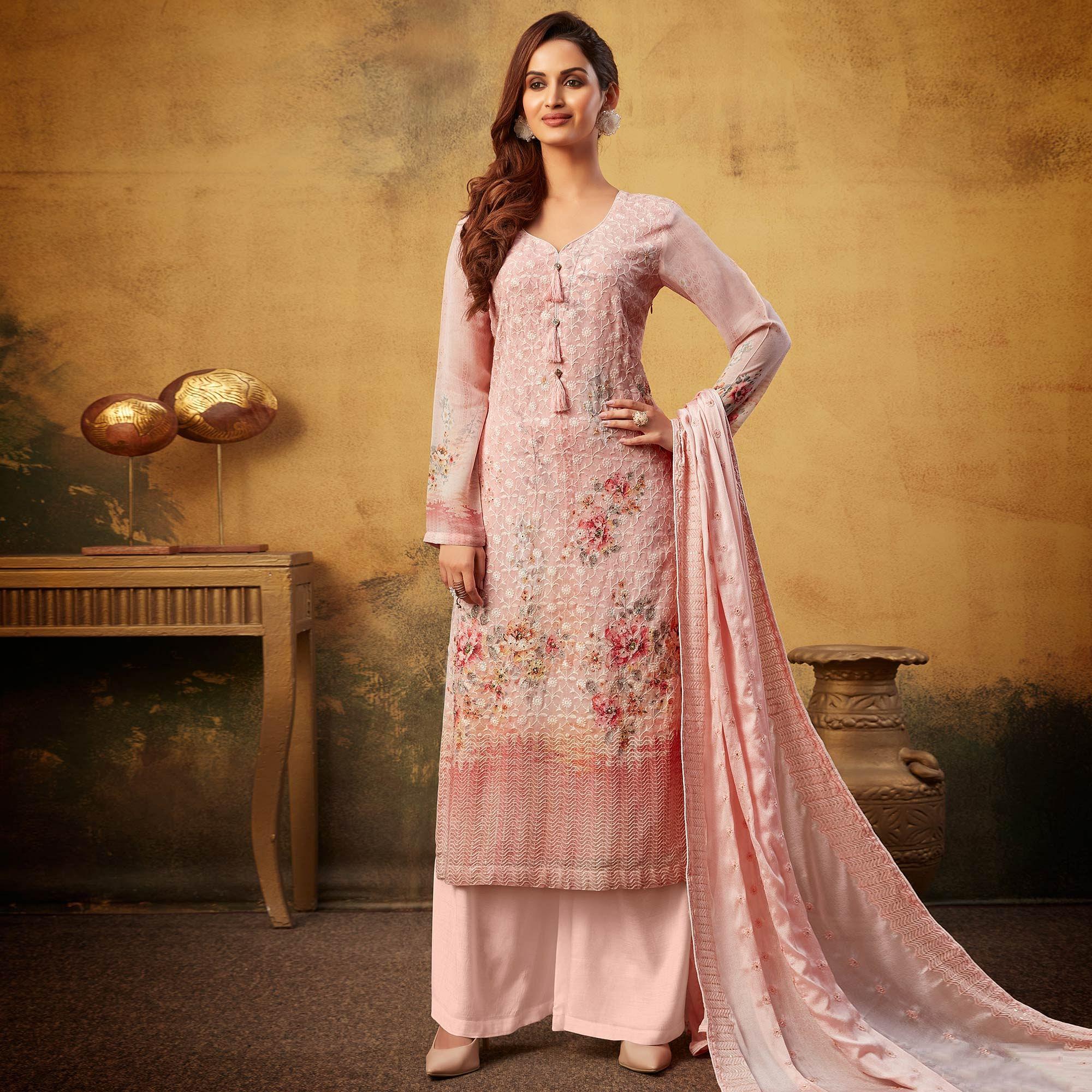 Eye-catching Peach Colored Embroidered With Digital Printed Partywear Viscose Bemberg Georgette Palazzo Suit - Peachmode