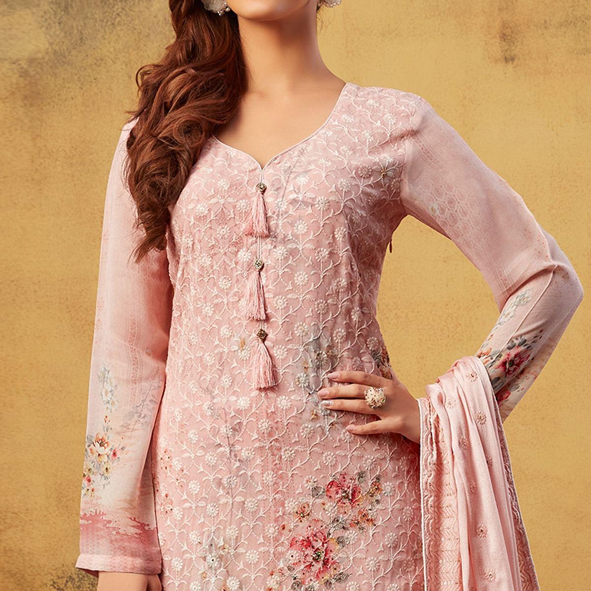 Eye-catching Peach Colored Embroidered With Digital Printed Partywear Viscose Bemberg Georgette Palazzo Suit - Peachmode