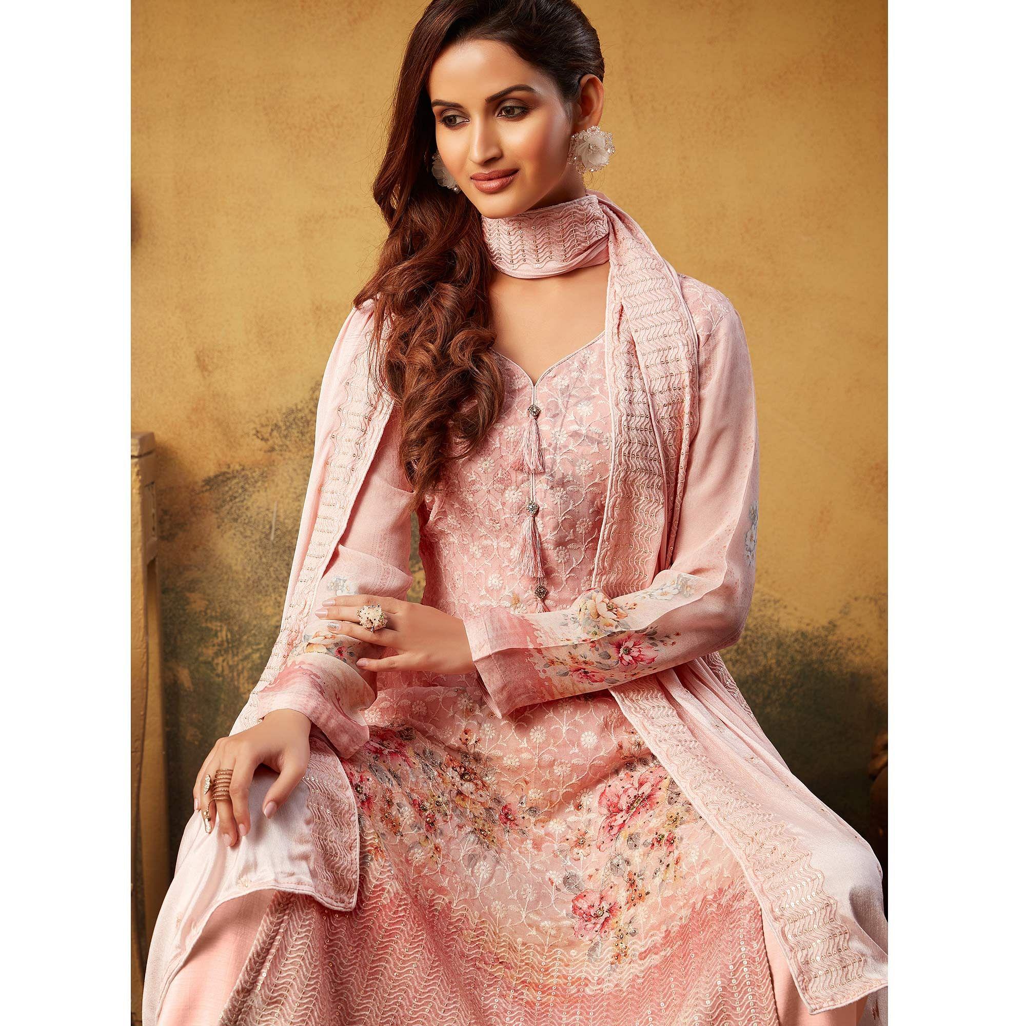 Eye-catching Peach Colored Embroidered With Digital Printed Partywear Viscose Bemberg Georgette Palazzo Suit - Peachmode
