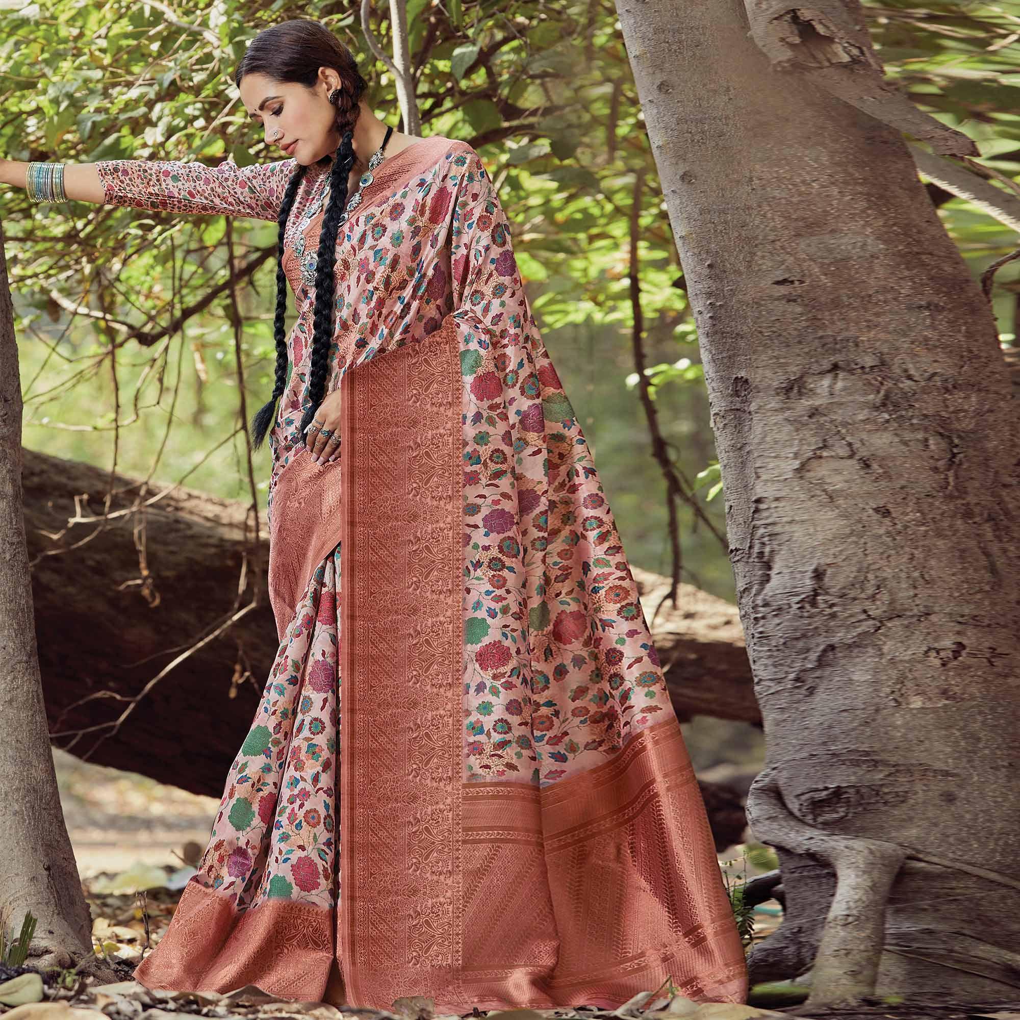 Eye-catching Peach Colored Festive Wear Digital Printed Silk Saree - Peachmode