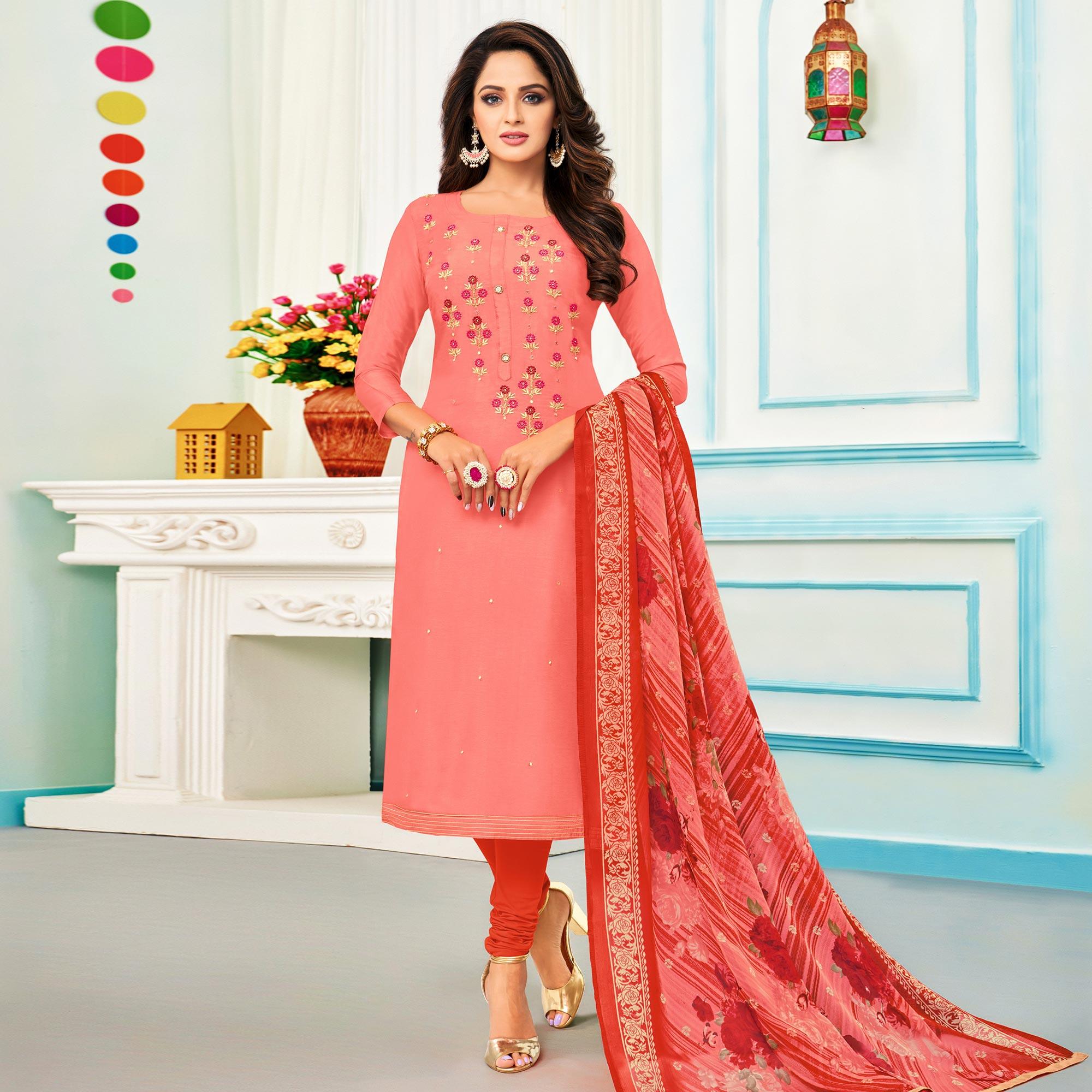 Eye-catching Pink Colored Casual Wear Embroidered Chanderi Dress Material - Peachmode