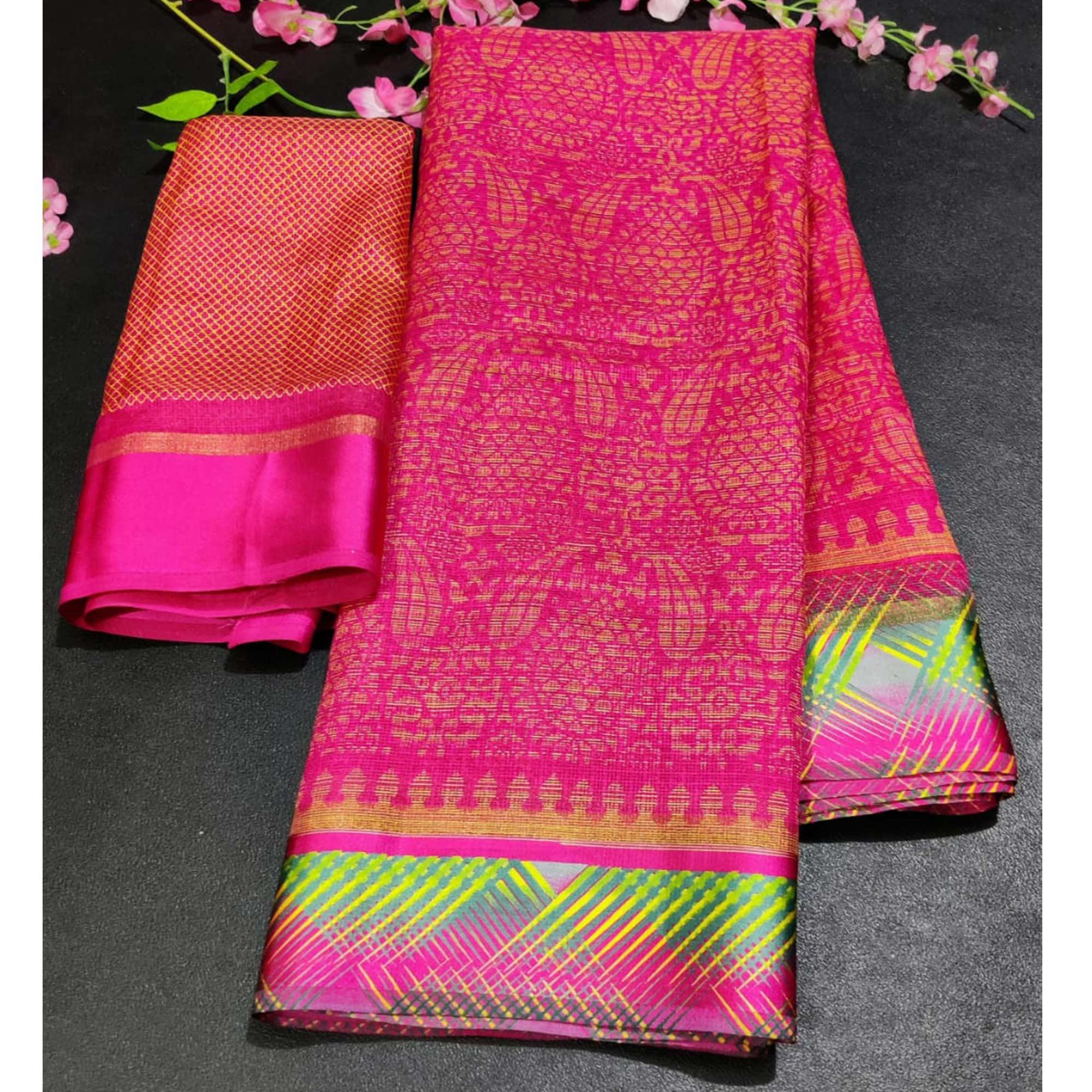 Eye-Catching Pink Colored Casual Wear Printed Silk Saree - Peachmode